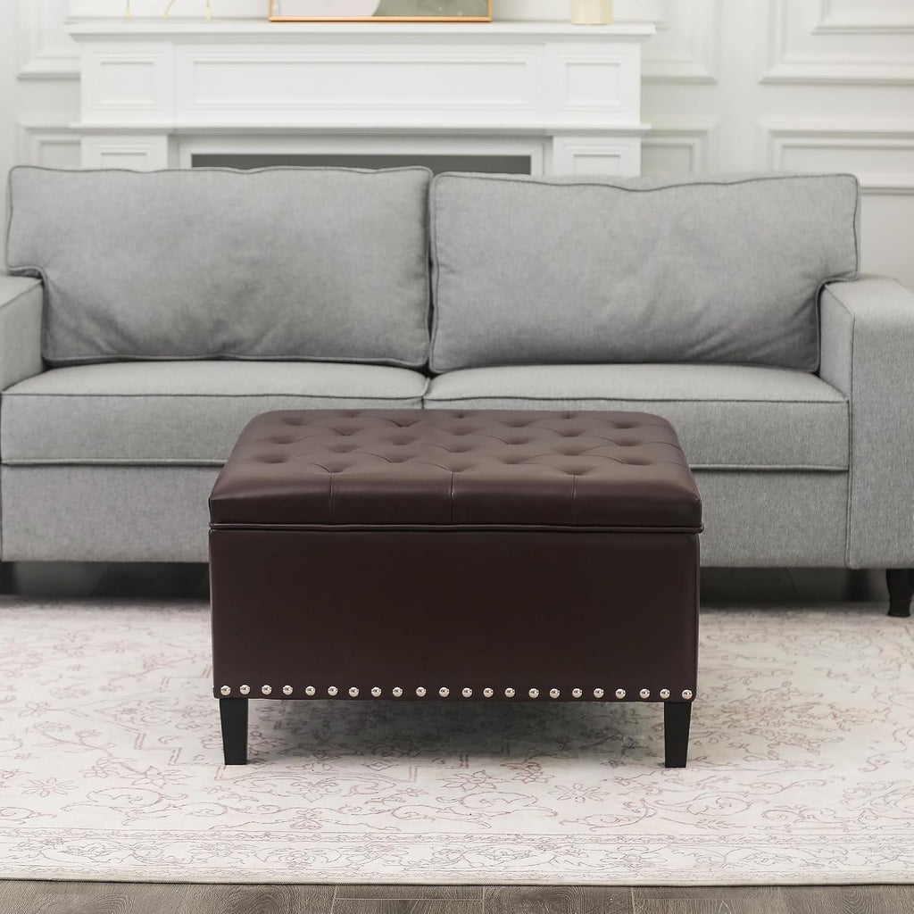 Joveco Storage Ottoman Square Leather Bench, Tufted Large Coffee Table with Wood Legs for Living Room Bedroom Entryway (Dark Brown)