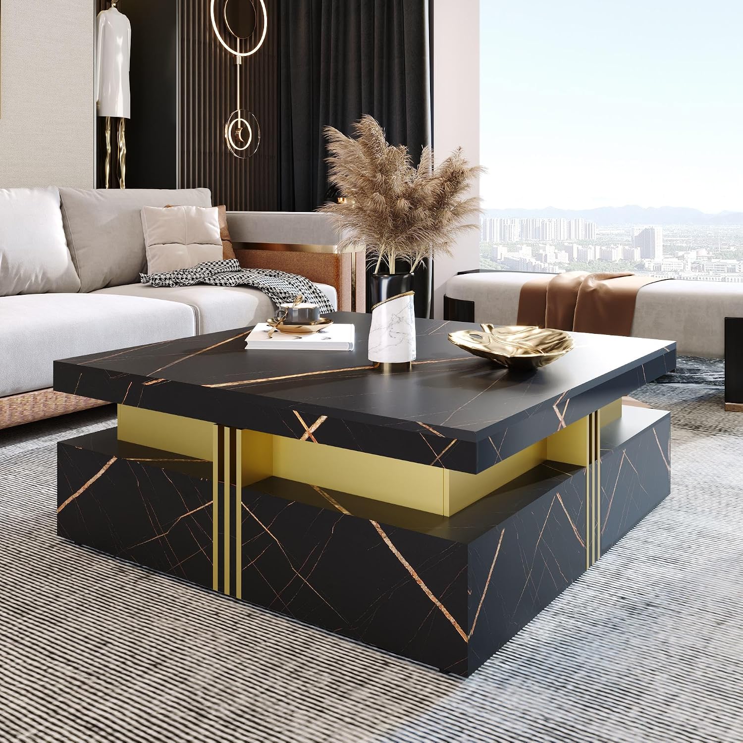 GDFStudio Barsv Modern Square Coffee Table with 4 Drawers, Stylish Storage Accent Table, Living Room Furniture with Ample Space, Remote Control Organizer, Glam Home Decor, Black + Gold
