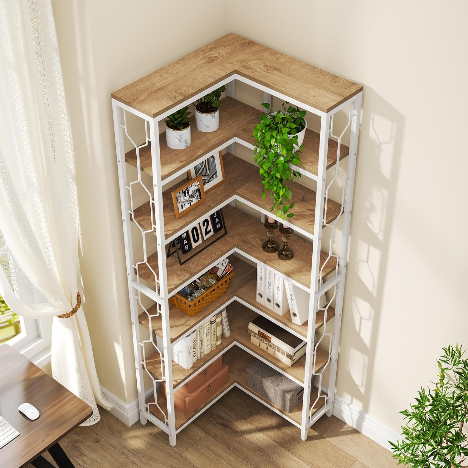 Tribesigns 7-Tier Corner Shelf, 78.7' Tall Bookshelf with Storage, Corner Bookshelf and Bookcase, Industrial Display Shelf for Living Room, Bed Room, Home Office (White and Natural)