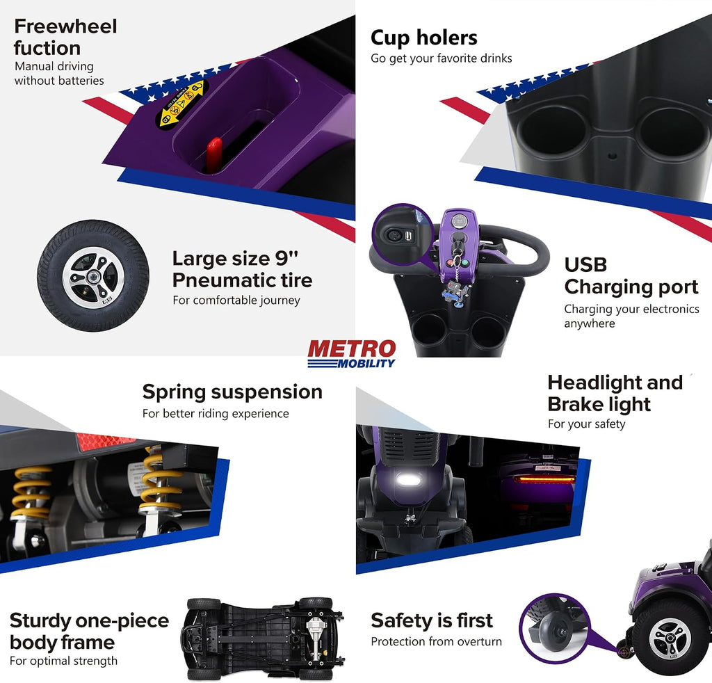 Metro Mobility - New 4 Wheel Outdoor Mobility Scooter - Adult Scooter 300lbs Foldable - Battery - 20V20AH*2pcs, Max Range 16 Miles (Purple)