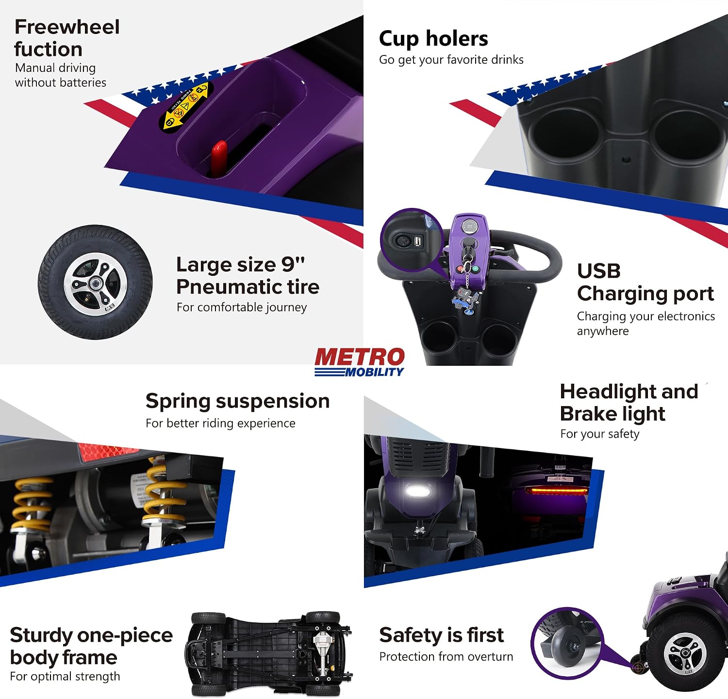 Metro Mobility - New 4 Wheel Outdoor Mobility Scooter - Adult Scooter 300lbs Foldable - Battery - 20V20AH*2pcs, Max Range 16 Miles (Purple)