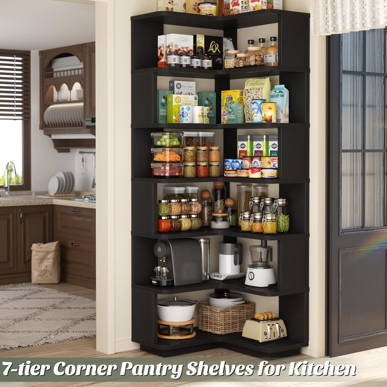 Armocity Corner Book Shelf - 7 Tier Corner Bookshelf Etagere Bookcase with Baffle, Freestanding L Shaped Display Shelf Stand for Home Office, Living Room, Bedroom, Kitchen, Black