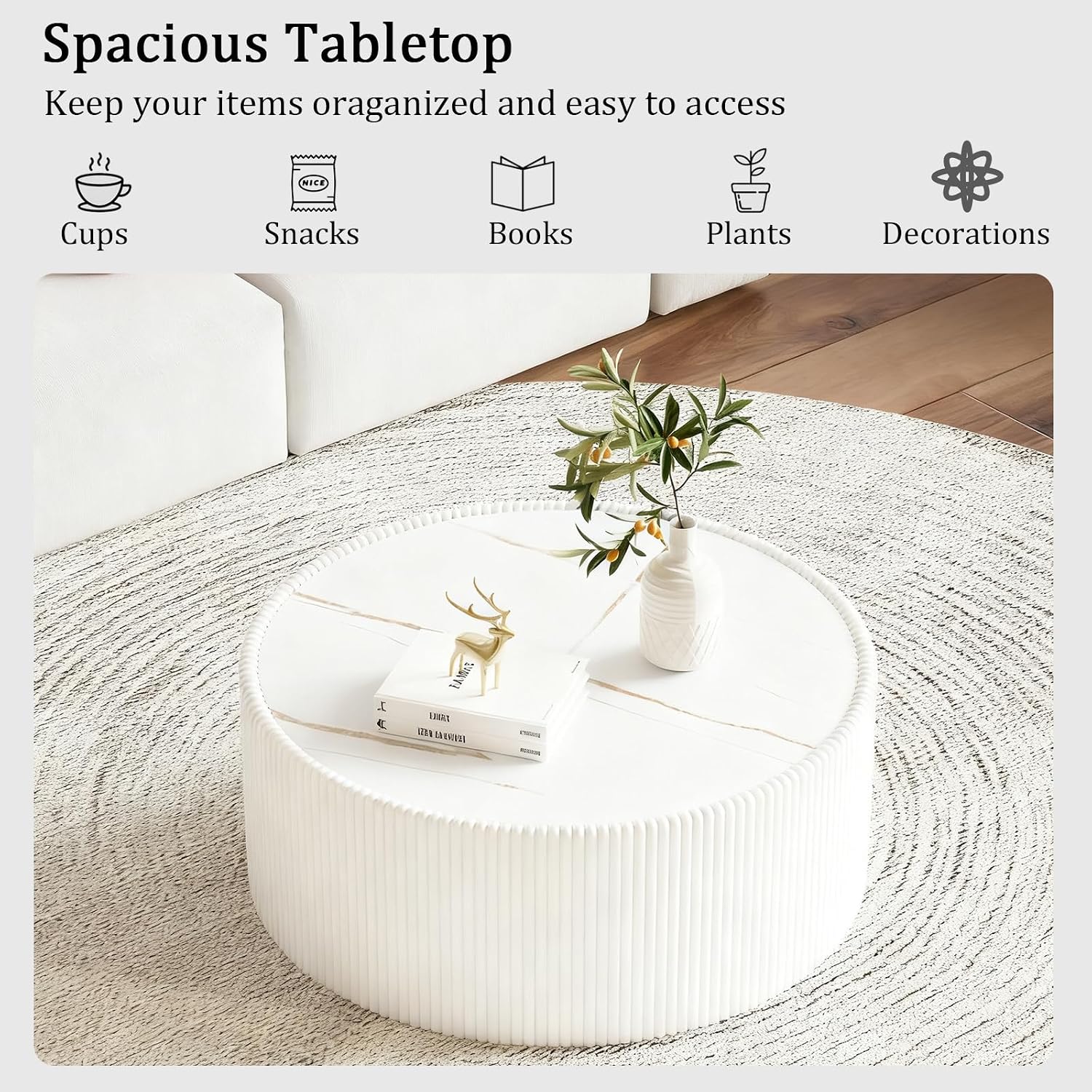 Round Coffee Table Set with Sintered Stone Tabletop, 29.52' White Drum Center Table and 17.71' Grey Coffee Table Set, 2 Pieces Living Room Table Set with Fluted PU Leather Cover& Stable Base