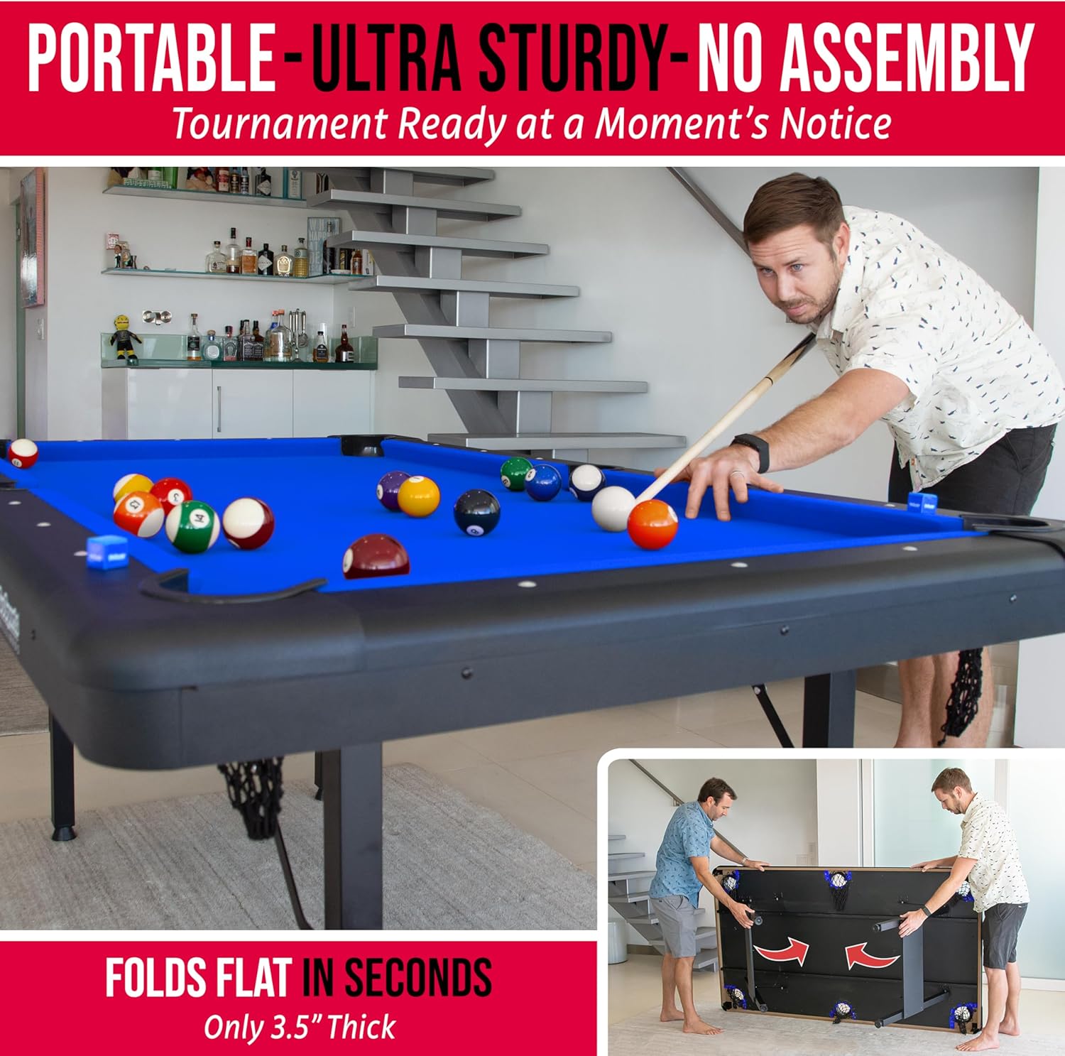 GoSports 6, 7, or 8 ft Billiards Tables - No Assembly, Choose Your Color - Portable Pool Table Includes Full Set of Balls, 2 Cue Sticks, Chalk and Felt Brush