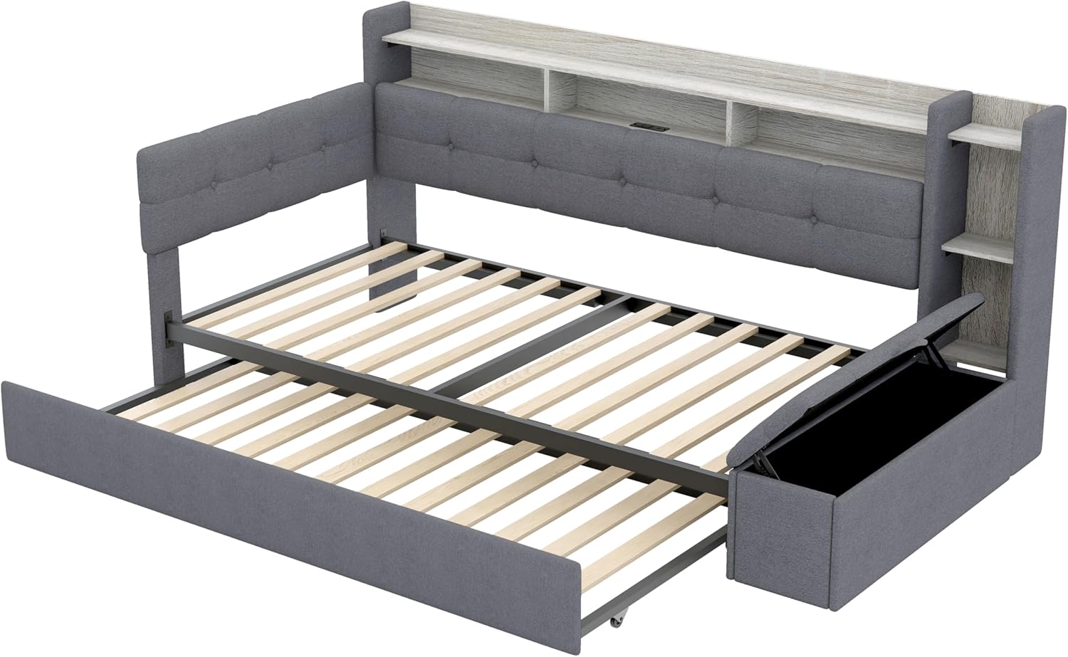 Twin Size Upholstery Daybed with Storage Footstool and Shelves, Solid Wood Platform Corner Bed with Trundle, USB Charging and LED Light for Bedroom Apartment (Grey-993)