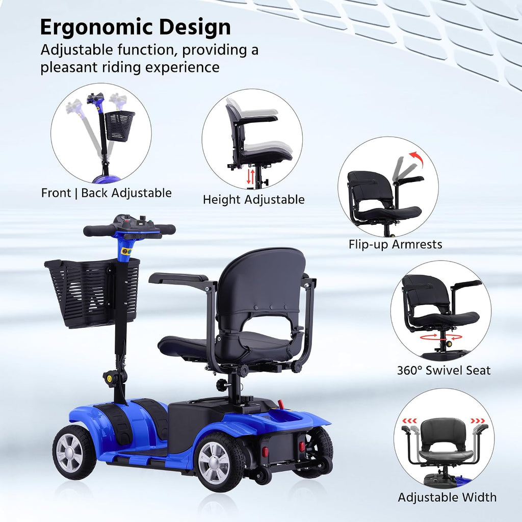 Mobility Scooters for Senior Adults, 15 Mile Electric Mobility Scooter with Detachable Battery, 4 Wheels Foldable Mobility Scooter with LED Headlights and USB Charging Port, 300 lbs Capacity (Blue)