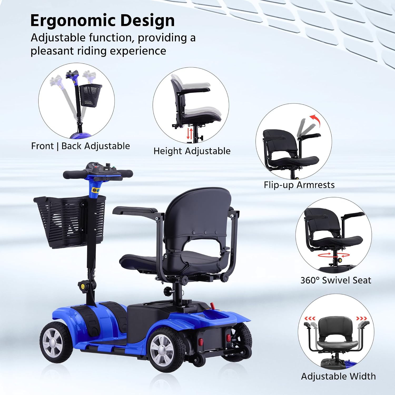 Mobility Scooters for Senior Adults, 15 Mile Electric Mobility Scooter with Detachable Battery, 4 Wheels Foldable Mobility Scooter with LED Headlights and USB Charging Port, 300 lbs Capacity (Blue)