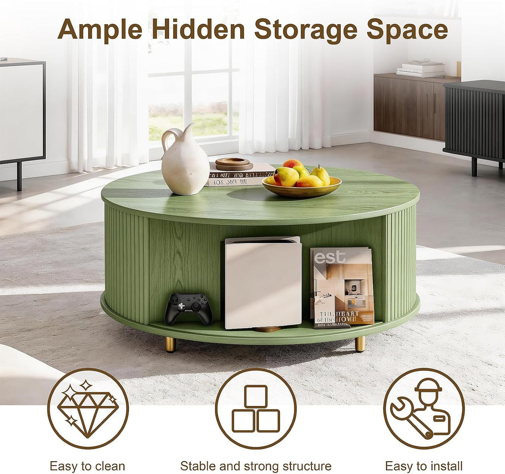DHH Round Coffee Table, 31.5' Mid Century Modern Coffee Table with 360° Sliding Tambour Door, Fluted Accent Table with Storage Adjustable Footpads for Living Room (Green)