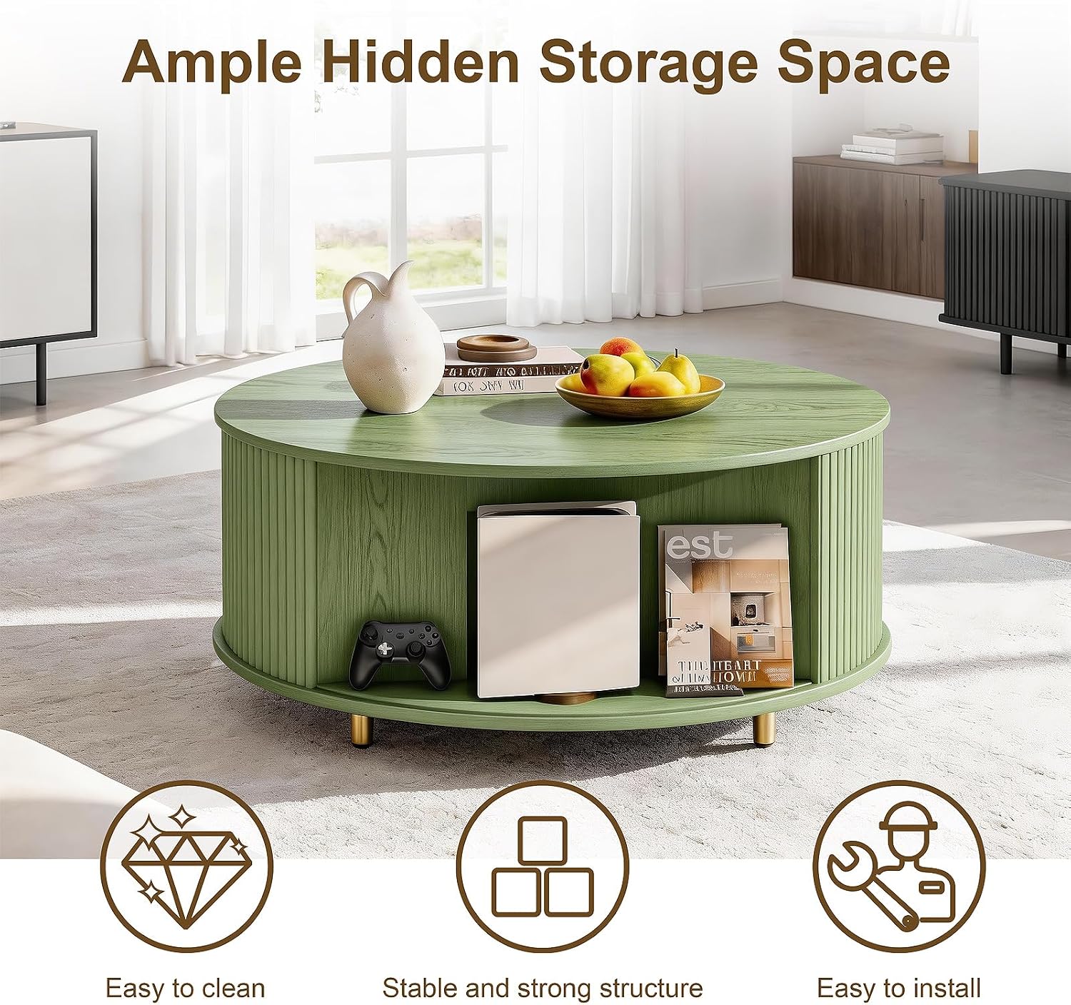 DHH Round Coffee Table, 31.5' Mid Century Modern Coffee Table with 360° Sliding Tambour Door, Fluted Accent Table with Storage Adjustable Footpads for Living Room (Green)