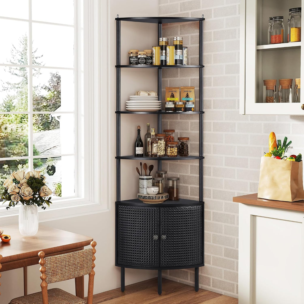 Corner Book Shelf Organizer, Black Bookshelf with Doors, Tall Bookshelf Organizer, 5 Shelf Bookcase Shelf, Metal Book Shelf for Bedroom,Bathroom,Living Room,Kitchen - Black
