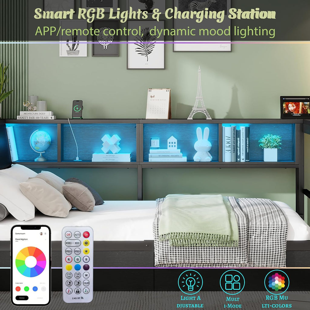 Twin Corner Bed Frame with Desk and Storage, Twin Size Daybed with Bookcase Shelves, LED Lights & Charging Station, L-Shaped Bed with Storage Drawers for Kids Teens, No Box Spring Needed (Black)