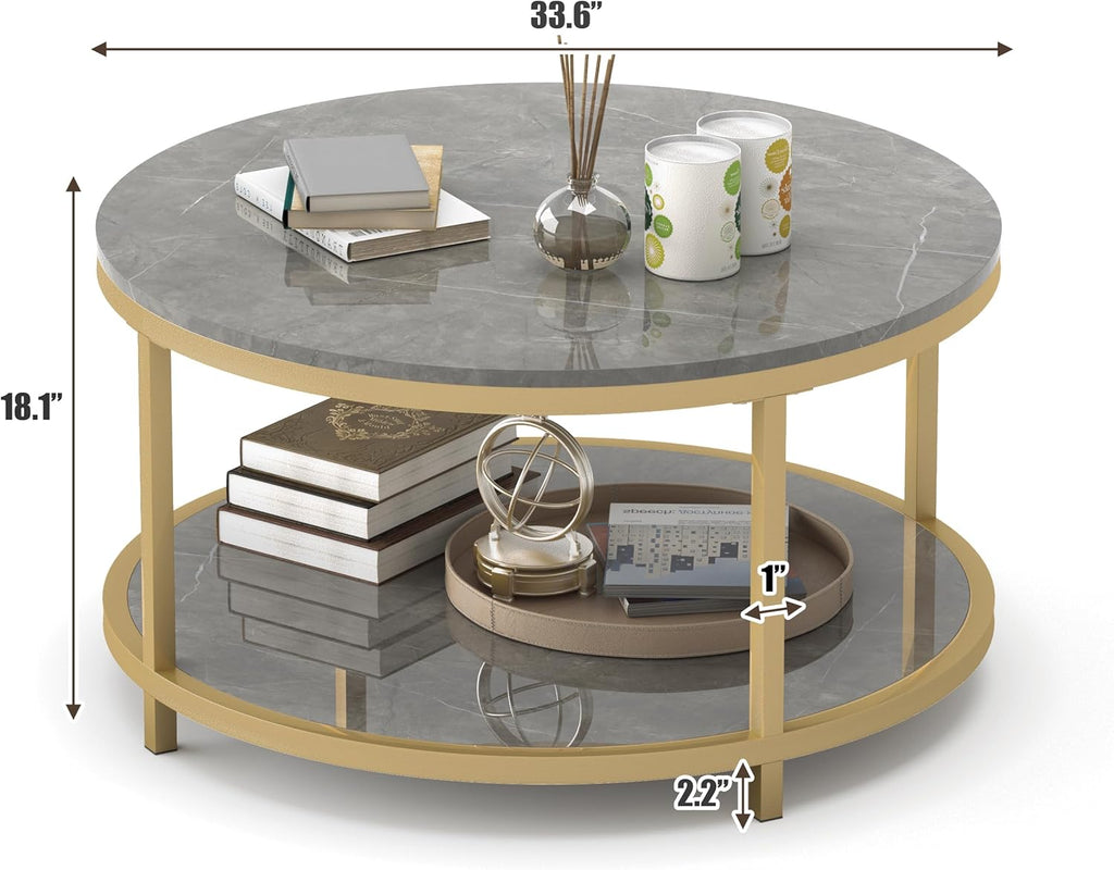 WiberWi Round Coffee Table 33.5' Coffee Tables for Living Room High Glossy Faux Marble Top Modern Circle Table Sturdy Gold Metal Frame Legs Cocktail Table with Storage Open Shelf