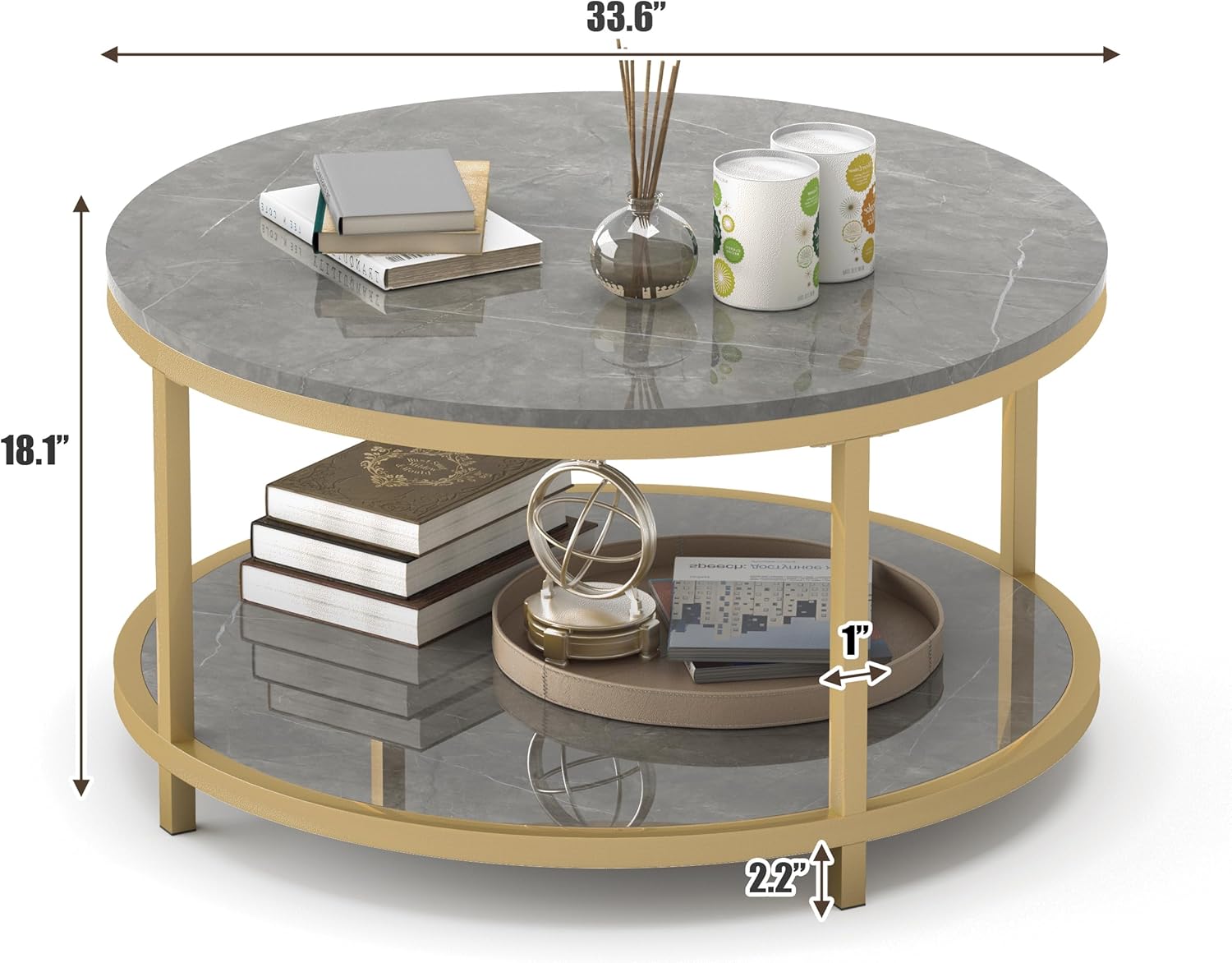 WiberWi Round Coffee Table 33.5' Coffee Tables for Living Room High Glossy Faux Marble Top Modern Circle Table Sturdy Gold Metal Frame Legs Cocktail Table with Storage Open Shelf