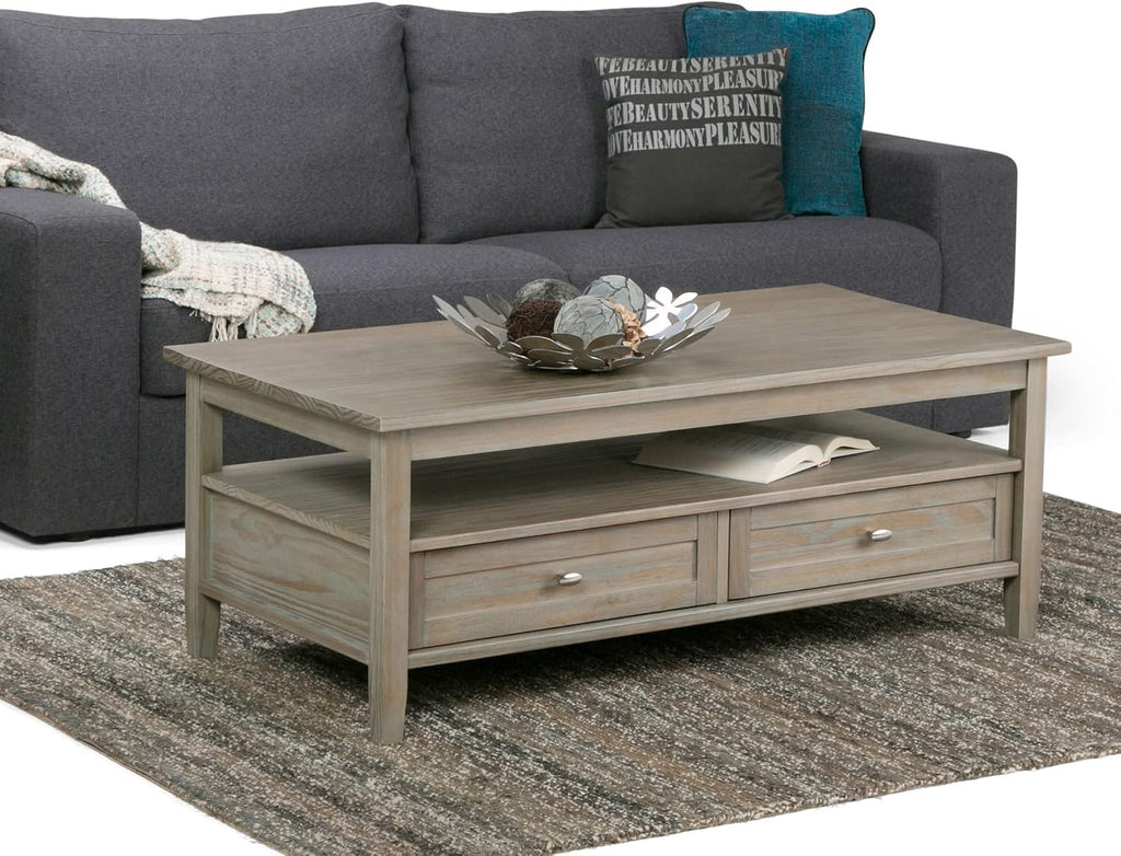 SIMPLIHOME Warm Shaker Coffee Table - 48 inch Wide Solid Wood Coffee Table in Distressed Grey, Transitional Living Room Table with 2 Drawers, Open Shelf, Shaker Fronts and Tapered Legs