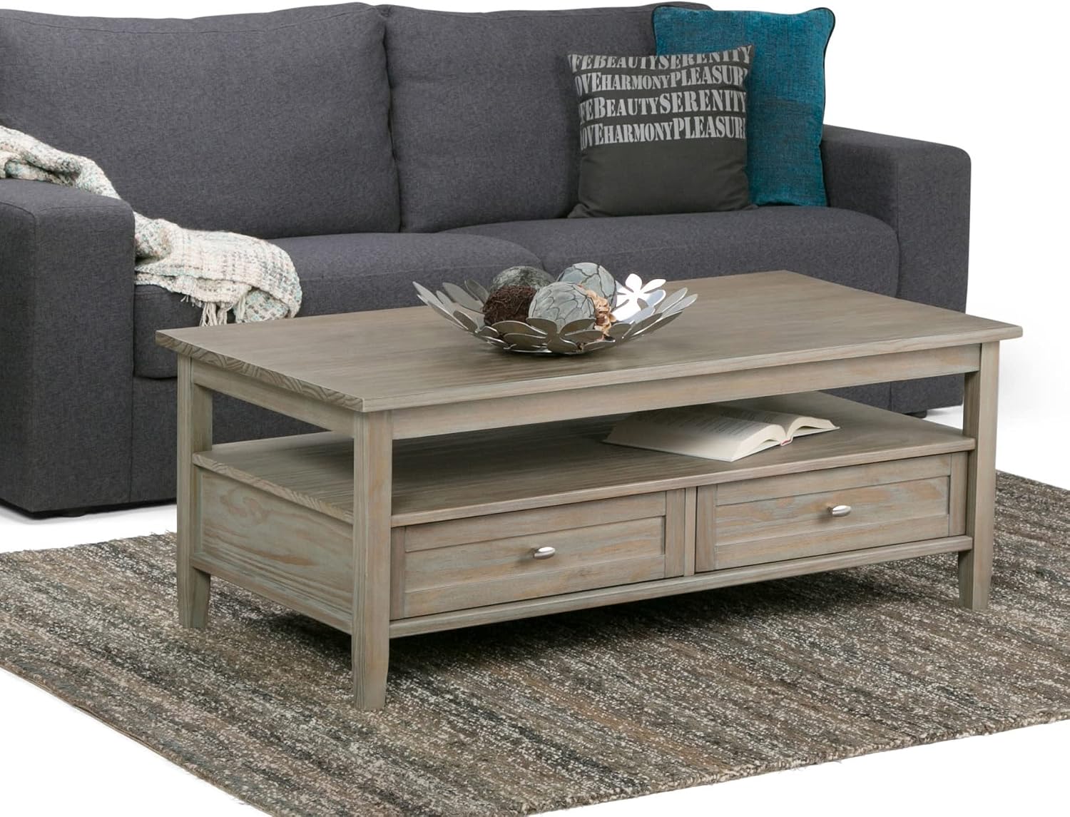 SIMPLIHOME Warm Shaker Coffee Table - 48 inch Wide Solid Wood Coffee Table in Distressed Grey, Transitional Living Room Table with 2 Drawers, Open Shelf, Shaker Fronts and Tapered Legs