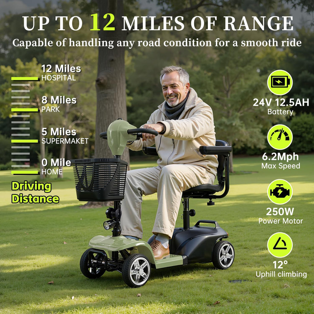 SAYYEAH 4 Wheels Mobility Scooter for Adults&Seniors, Max Speed:6mph, Mobility Scooter for Travel, with LED Headlights and Basket, Charger Included, (Purple/red/Blue/Silver) (Green)