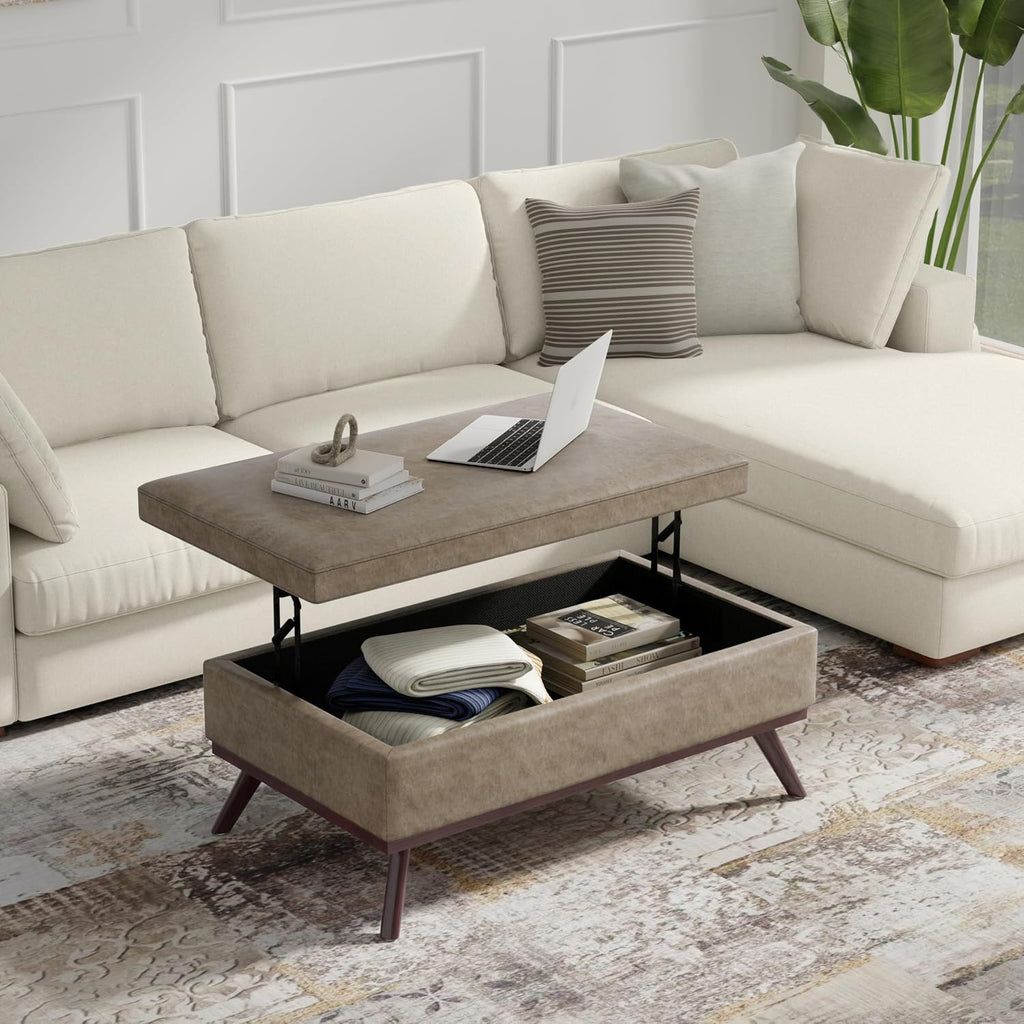 SIMPLIHOME Owen Lift Top Coffee Table Storage Ottoman - 42 inch Wide Upholstered Vegan Leather Rectangular Lift-Top Ottoman in Distressed Smoky Grey Brown, Mid-Century Modern Ottoman for Living Room