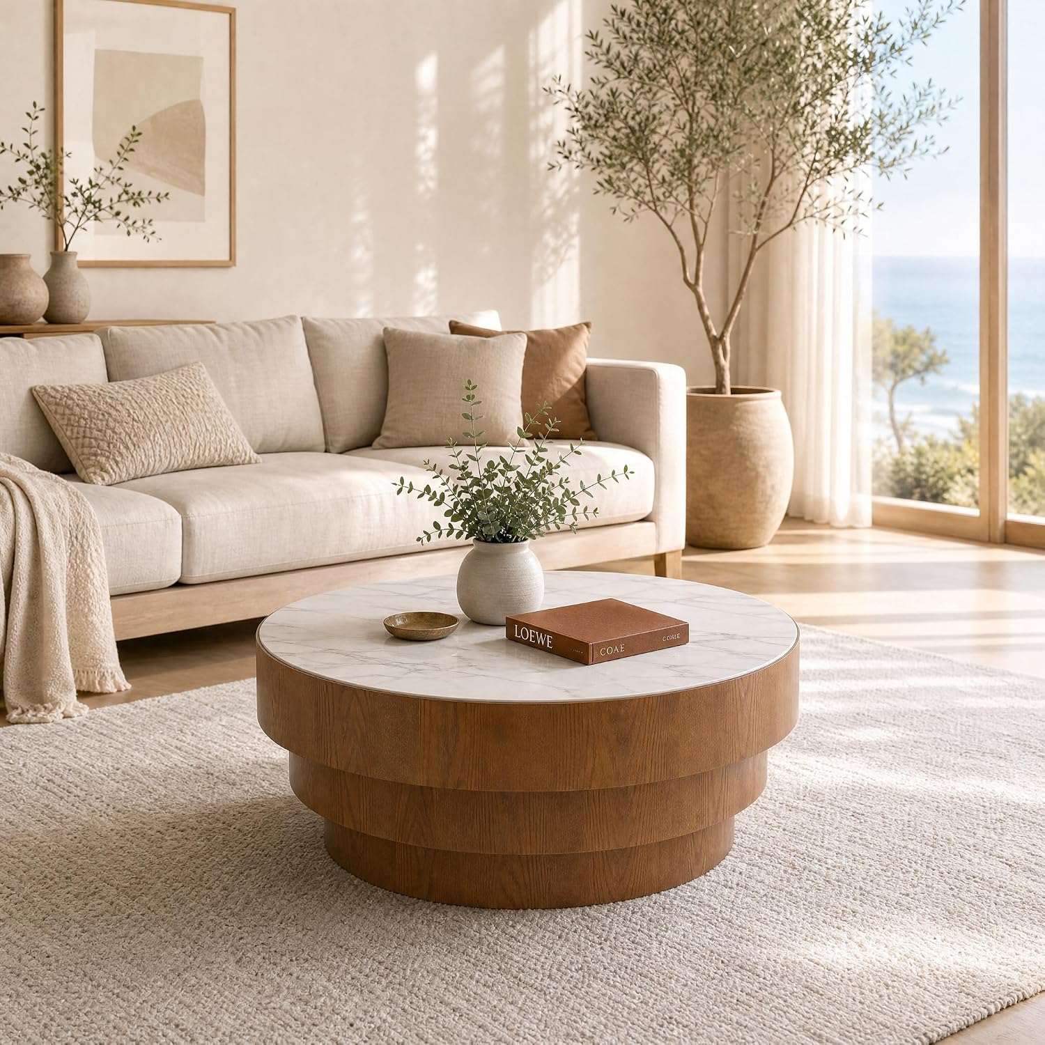 31.5' Round Marble Coffee Table for Living Room, Mid-Century Modern Coffee Table with White Sintered Stone Top and Stable Wood Pedestal Base, Drum Cocktail Center Tea Tables for Bedroom Apartment