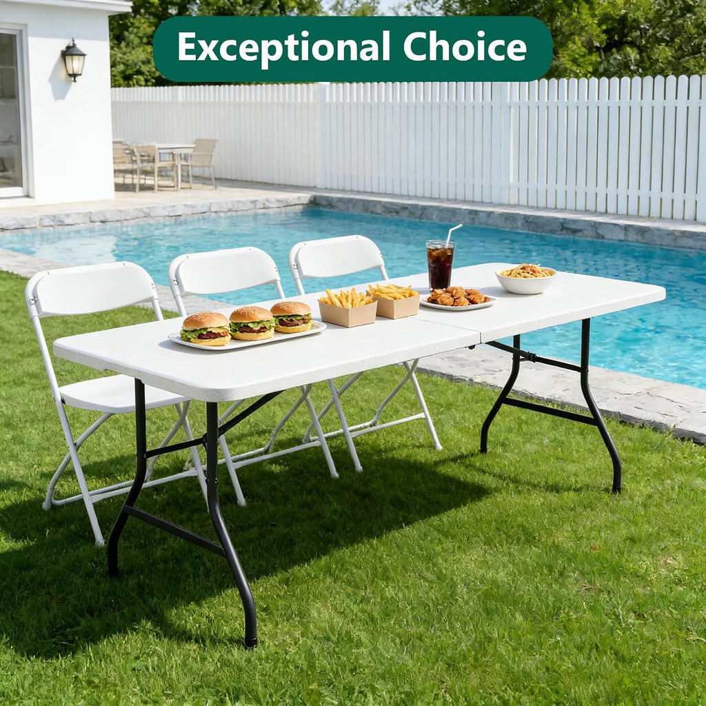 6FT Folding Table, Heavy Duty Plastic Fold-in-Half Utility Table with Handle, Portable Camping Picnic Table with Steel Legs for Indoor Outdoor Party, Dining, White,2 Pack