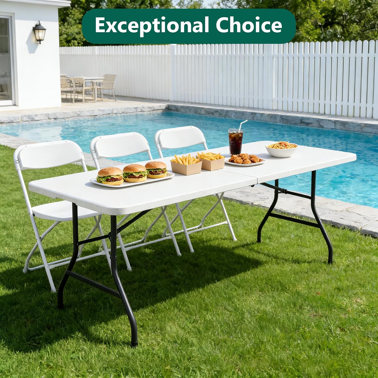 6FT Folding Table, Heavy Duty Plastic Fold-in-Half Utility Table with Handle, Portable Camping Picnic Table with Steel Legs for Indoor Outdoor Party, Dining, White,2 Pack