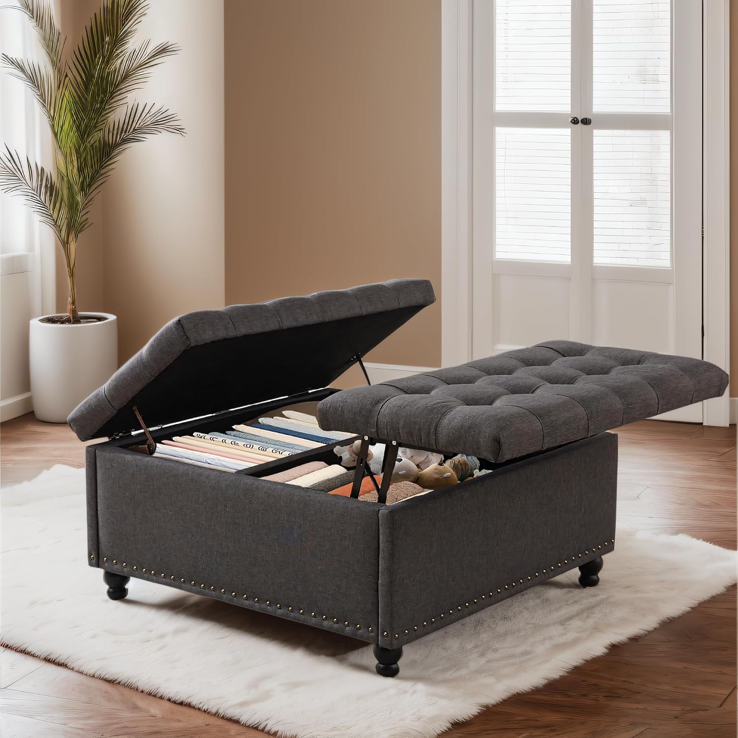 Grepatio Square Tufted Ottoman with Storage - 35.5' Large Lift-Top Storage Ottomans Upholstered Coffee Table for Living Room Bedroom (Grey)