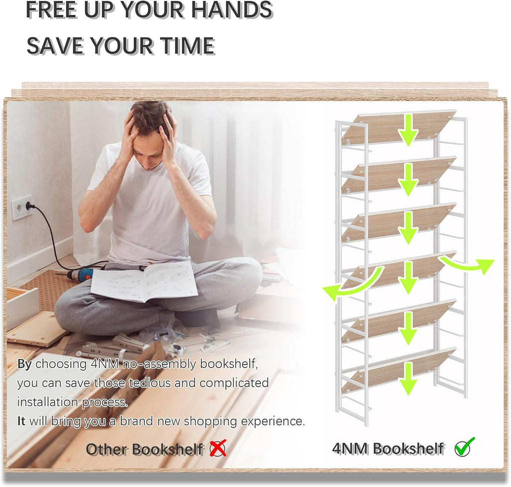 4NM No Assembly 6 Tier Collapsible Book Shelves, 61.8' H x 23.6' W Folding Bookshelf Bookcase Open Industrial Foldable Shelf for Bedroom, Living Room, Home Office - Natural White