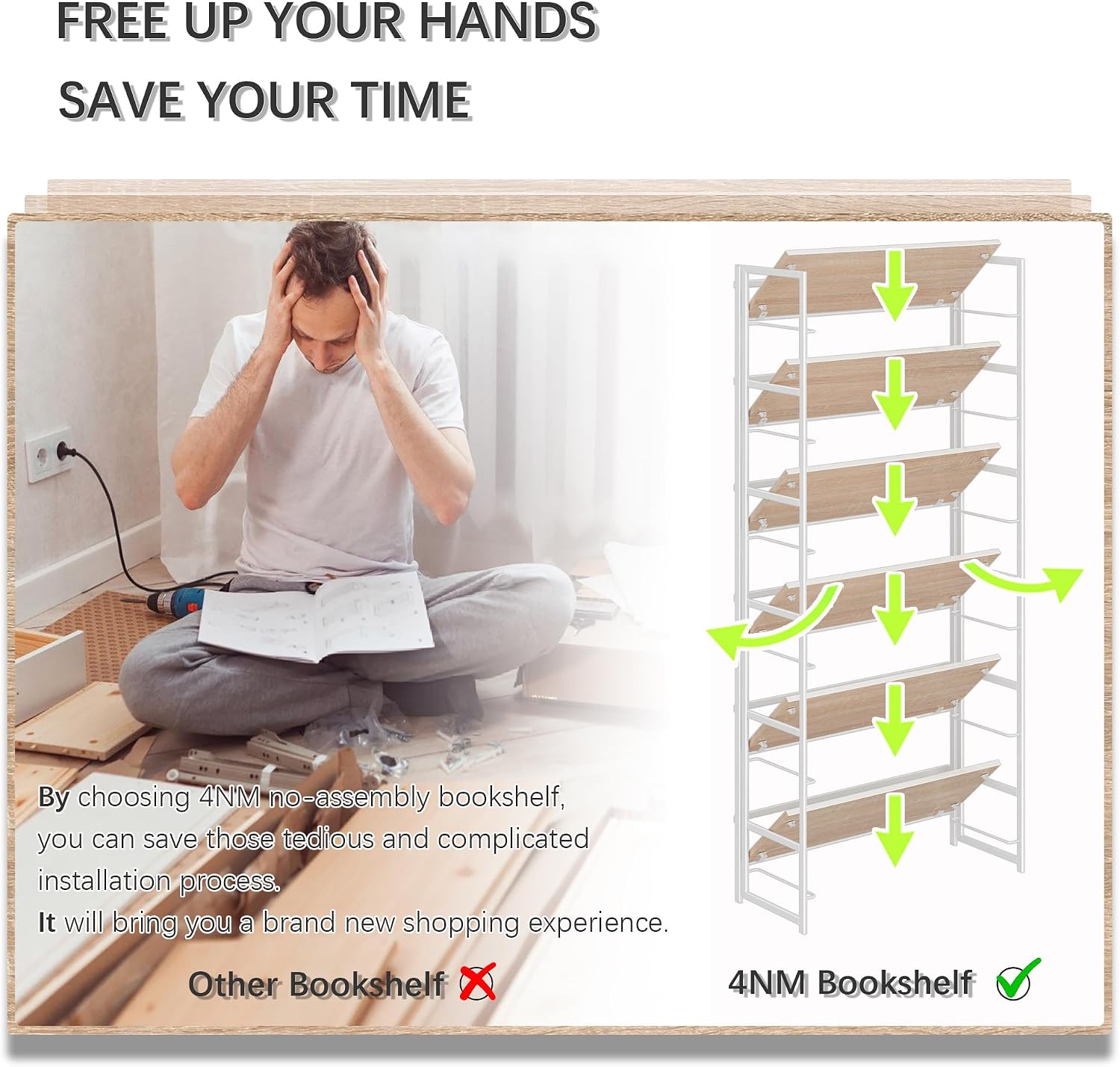 4NM No Assembly 6 Tier Collapsible Book Shelves, 61.8' H x 23.6' W Folding Bookshelf Bookcase Open Industrial Foldable Shelf for Bedroom, Living Room, Home Office - Natural White