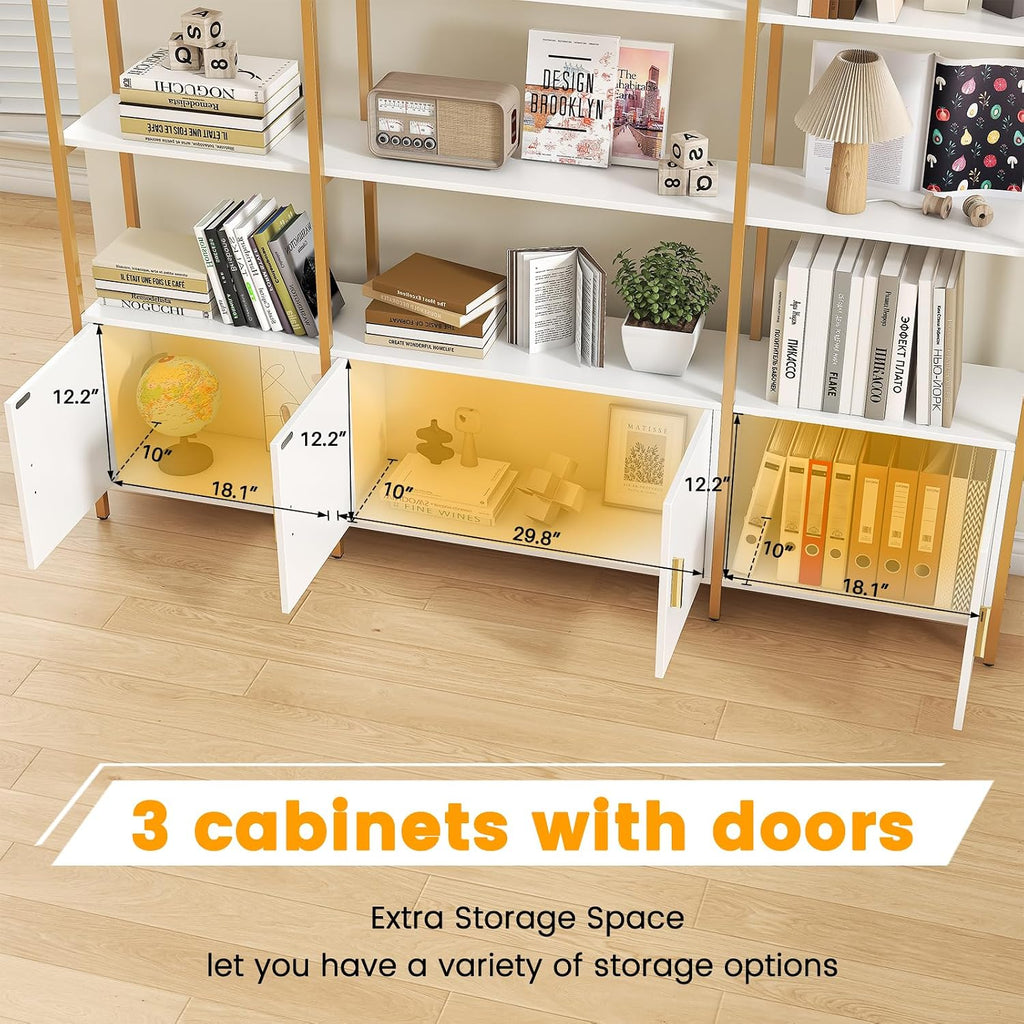 Arched Bookshelves and Bookcases: Triple Wide 5-Tier Large Open Bookshelf, Etagere Bookcase with Display Shelf for Home Office, White and Gold