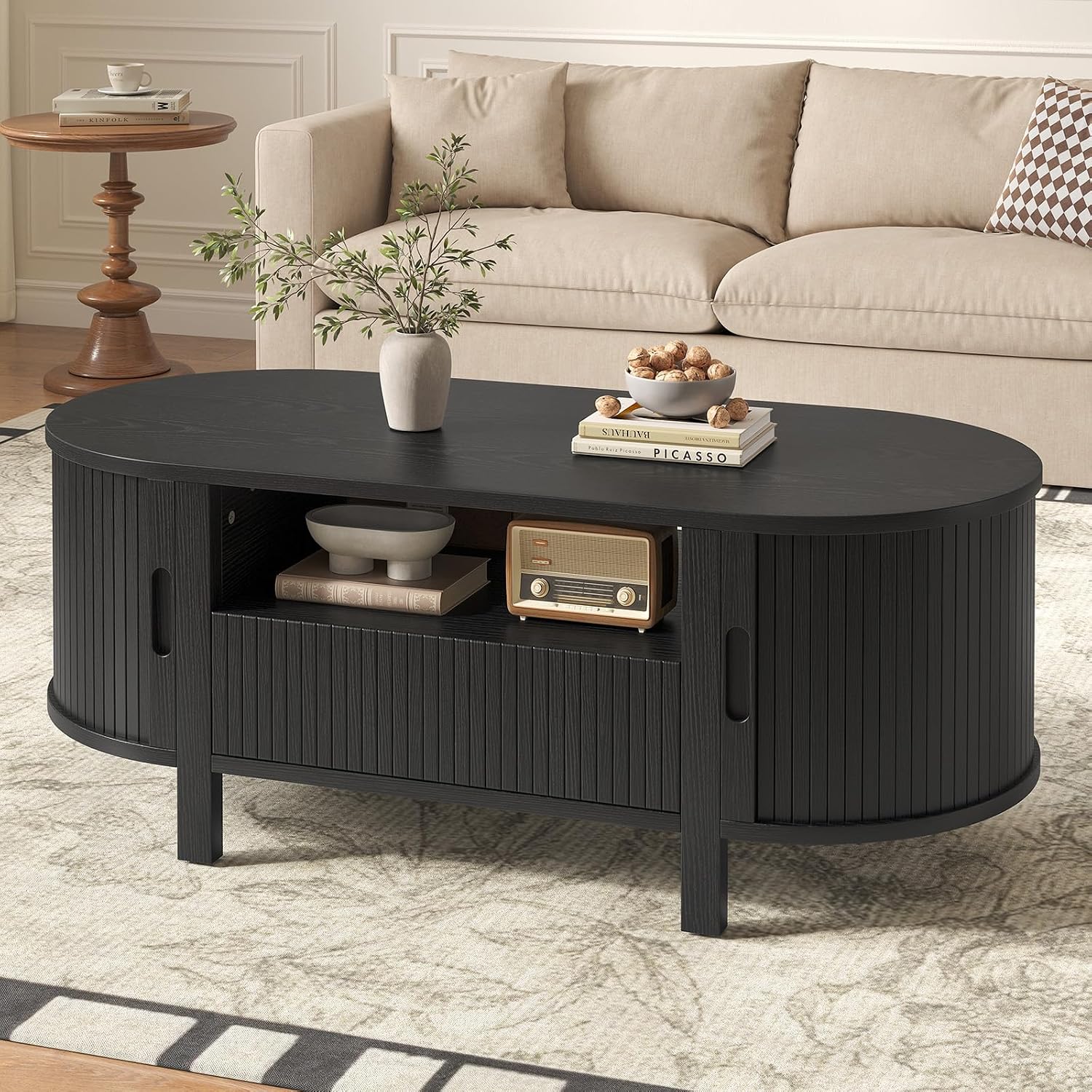 47.2' Fluted Coffee Table, Oval Coffee Table with 1 Drawer and 1 Open Shelf, Mid-Century Modern Center Tables with Storage and Sliding Doors, Coffee Tables for Living Room, Black