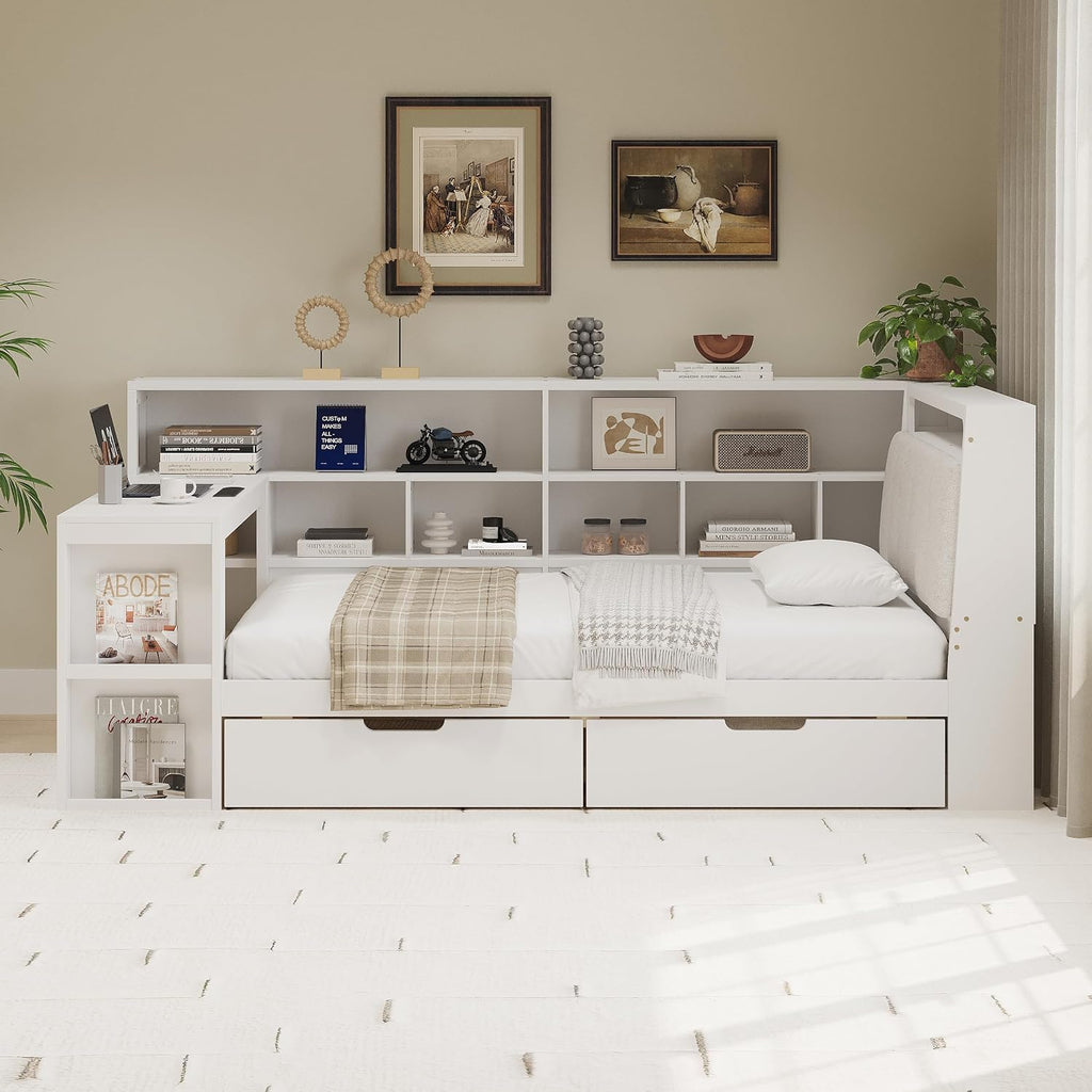 Multi-Functional Full Size Daybed with Storage Shelves and Study Desk, Wood Corner Bed Frame with Upholstered Headboard and 2 Drawers for Office Living Room Bedroom, Space-saving (White-G8, Full)