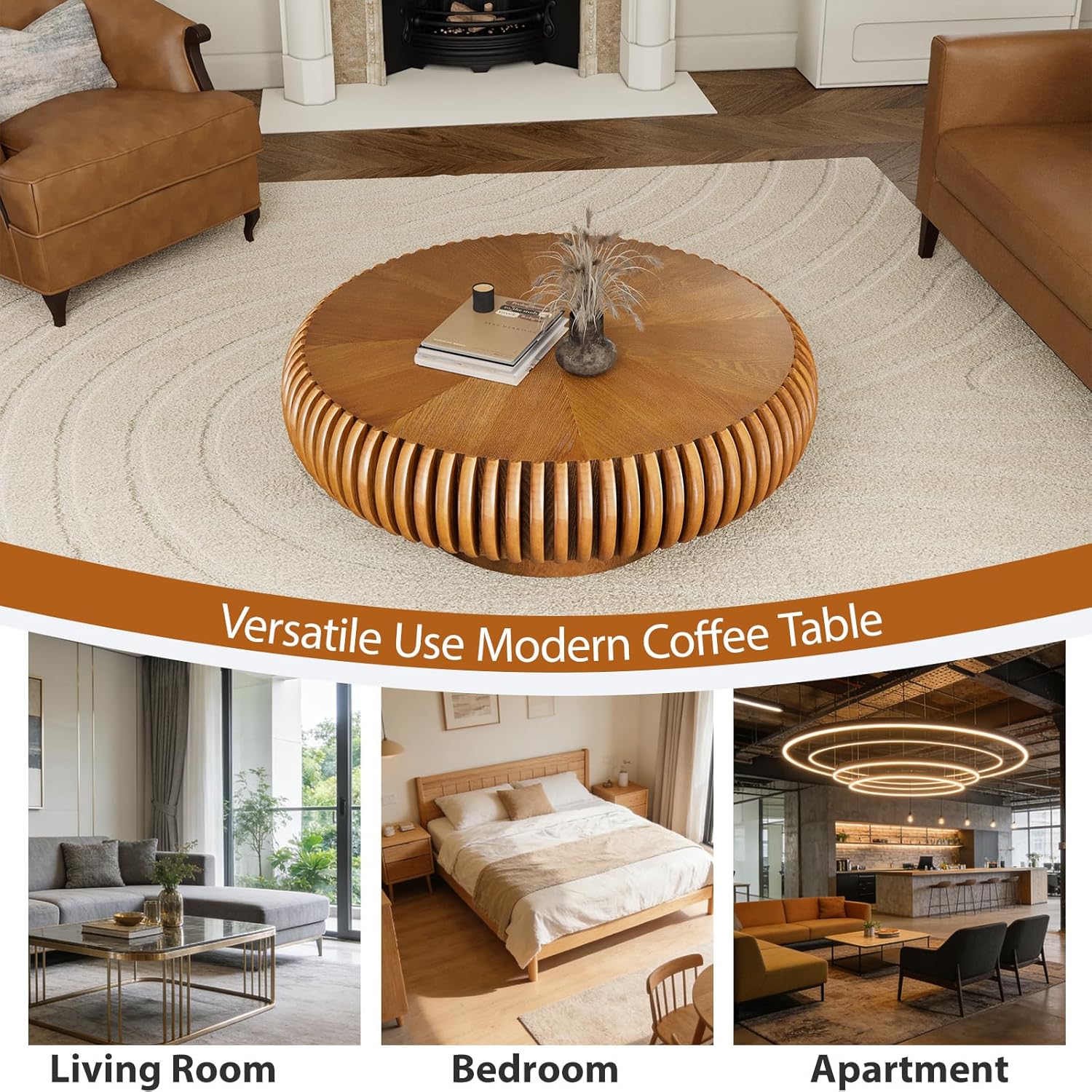Round Drum Coffee Table with Sturdy Pedestal, Modern Wooden Fluted Coffee Table, Circle Center Table Accent Tea Table for Living Room Apartment Office Reception Room (Brown D31.5)