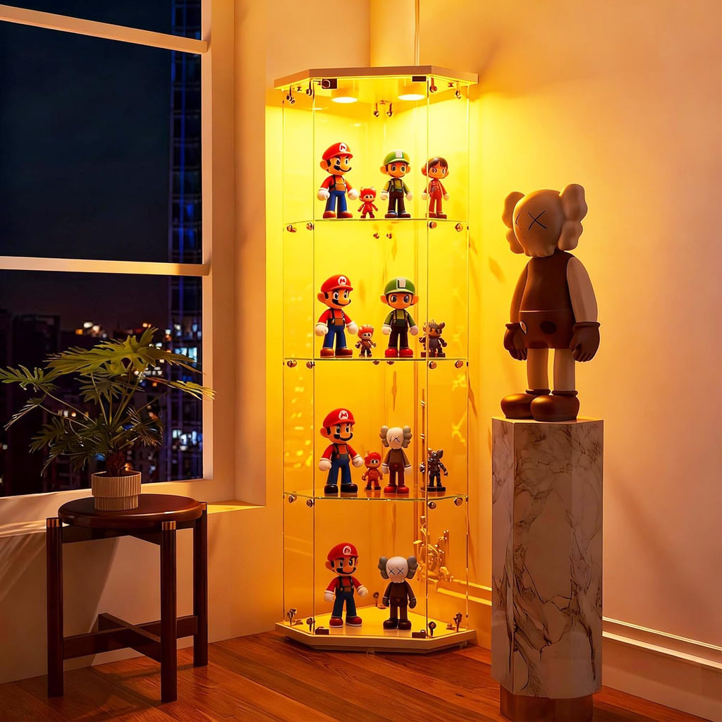 65' Corner Glass Display Cabinet with 13 Colors Lights, 4-Tier Corner Curio Cabinet Display Case with Lock for Collectibles, Home Decor Glass Shelf for Living Room, Bedroom, Office, Shop, White
