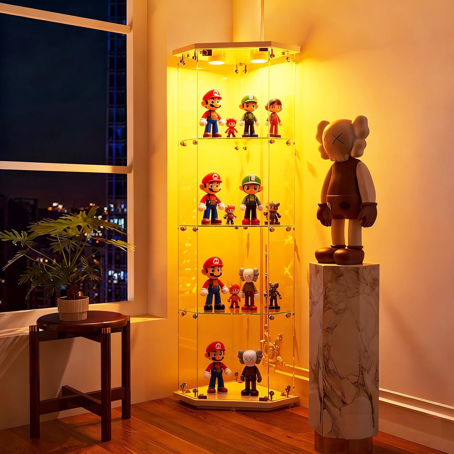 65' Corner Glass Display Cabinet with 13 Colors Lights, 4-Tier Corner Curio Cabinet Display Case with Lock for Collectibles, Home Decor Glass Shelf for Living Room, Bedroom, Office, Shop, White