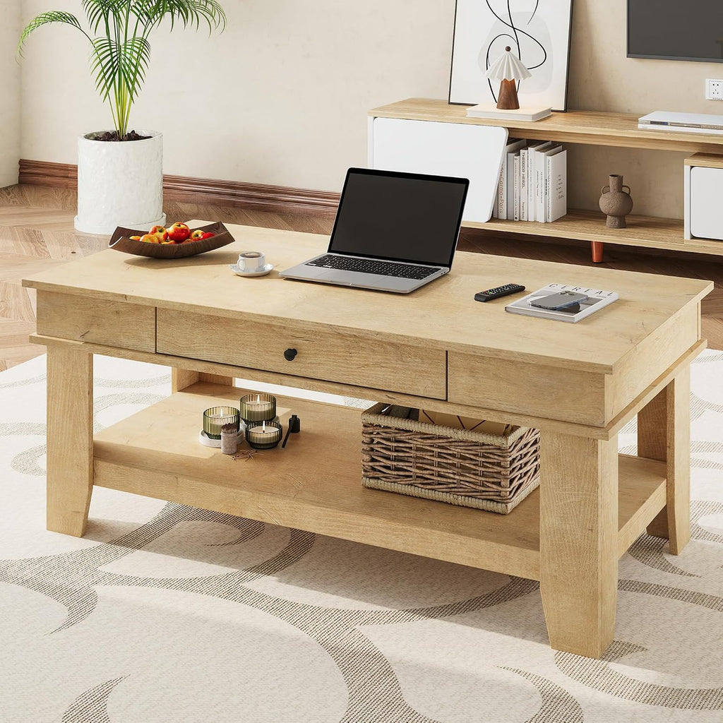 Takywep Rectangular Coffee Table with Drawer and Open Shelf, Long Center Table for Living Room, Rustic Finish, Stable Four Leg Structure, Easy to Clean Surface, Heavy Duty Storage Design, Light Wood