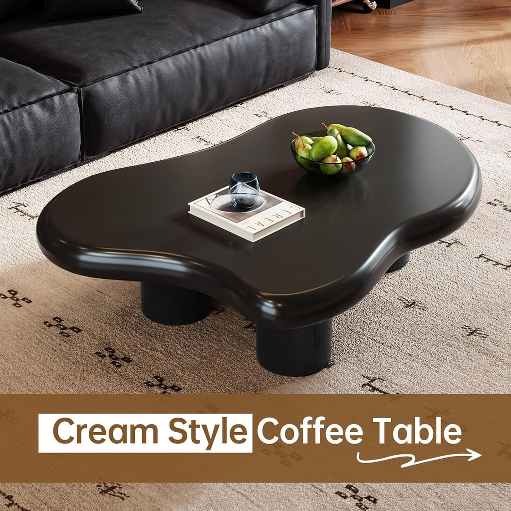 46.06' Cloud Shape Coffee Table, Modern Round Edge Black Coffee Table with 3 Sturdy Support Legs and 3.14' Thick Tabletop for Living Room, Bedroom