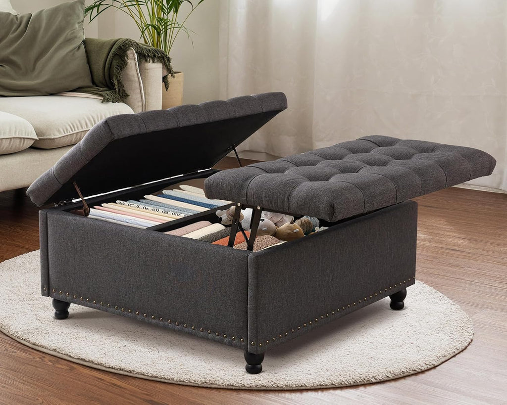 Grepatio 35.5' Large Square Storage Ottoman, Lift Top Ottoman Square Bench with Storage, Tufted Upholstered Ottomans, Ottomans Coffee Tables for Living Room, Bedroom (Gray)