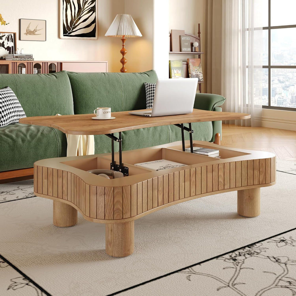 42' Cloud Fluted Lift Top Coffee Table with Hidden & Open Storage, Modern Center Table with Hydraulic Raising Mechanism, Irregular Shape Tea Table with Curved Safety Corners, Light Brown