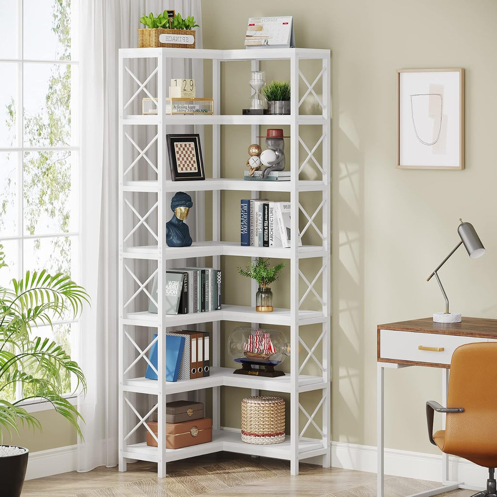 LITTLE TREE 7-Tier Tall Corner Book Shelf,White Corner Bookshelf, Modern Bookcase Metal Storage Shelves for Bedroom Living Room or Home Office