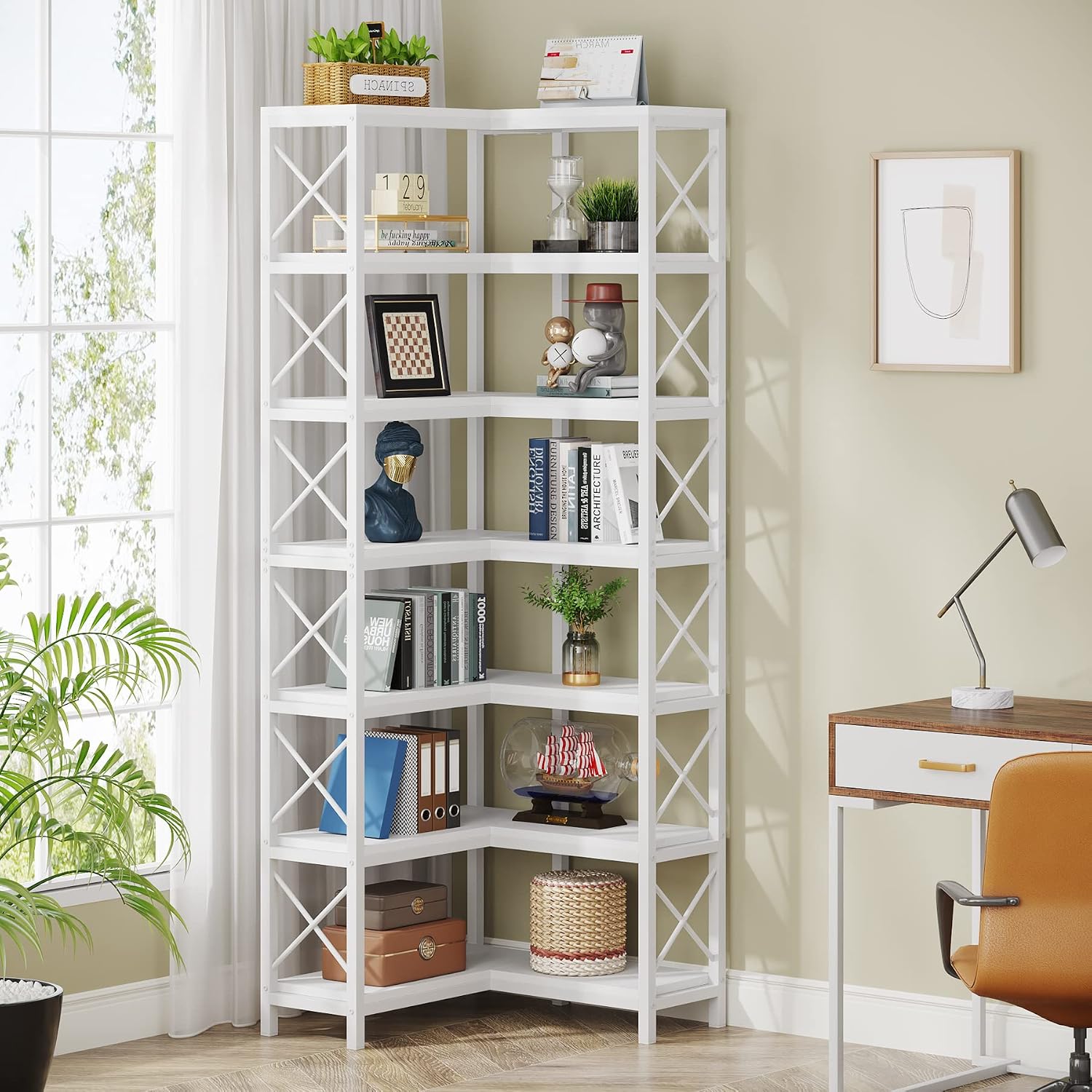 LITTLE TREE 7-Tier Tall Corner Book Shelf,White Corner Bookshelf, Modern Bookcase Metal Storage Shelves for Bedroom Living Room or Home Office