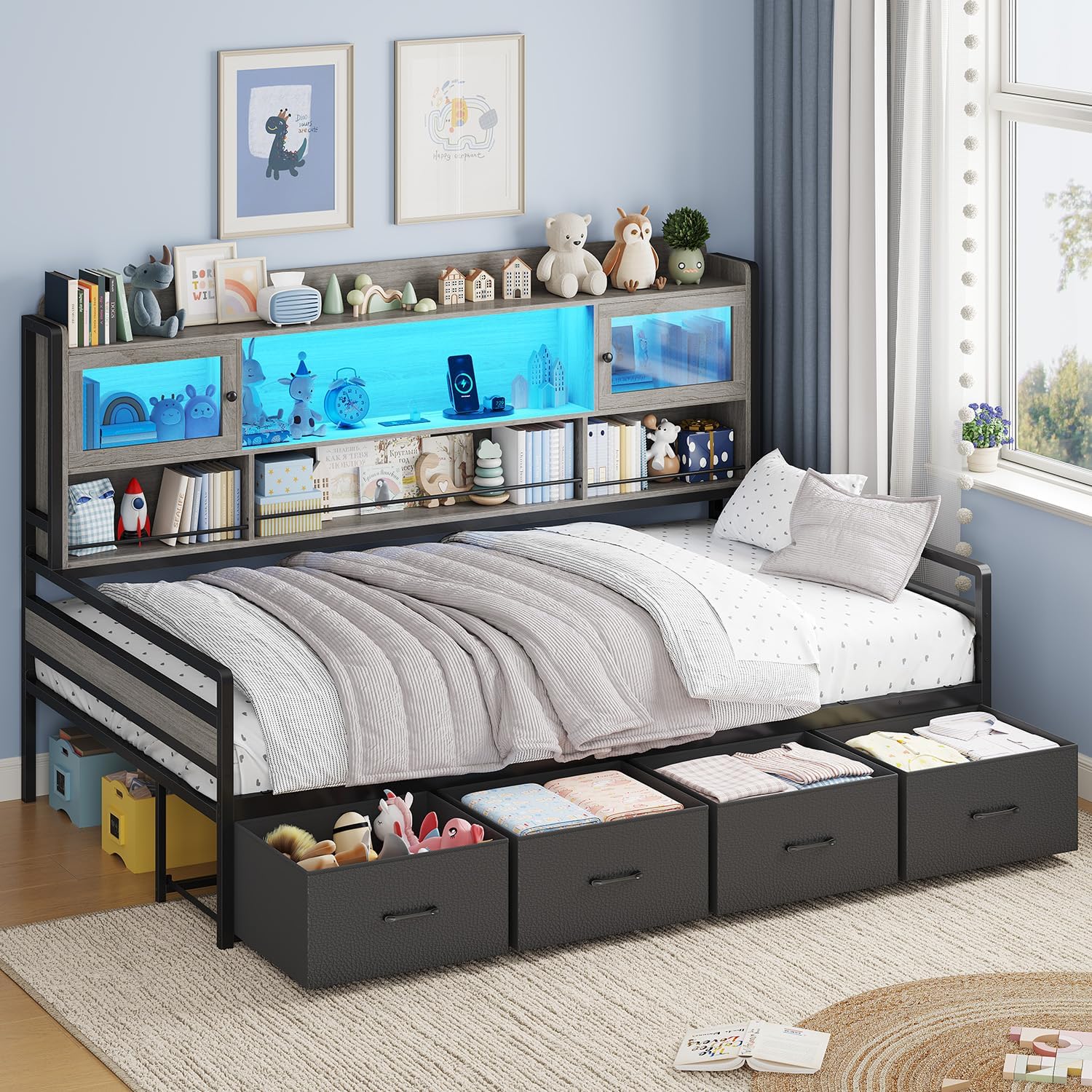 BTHFST Twin Daybed with 4 Storage Drawers & 3-Tier Bookshelf, Day Bed with RGB Lights & Charging Station, LED Corner Bed Frame with Storage Headboard for Bedroom, Living Room, Guest Room, Grey