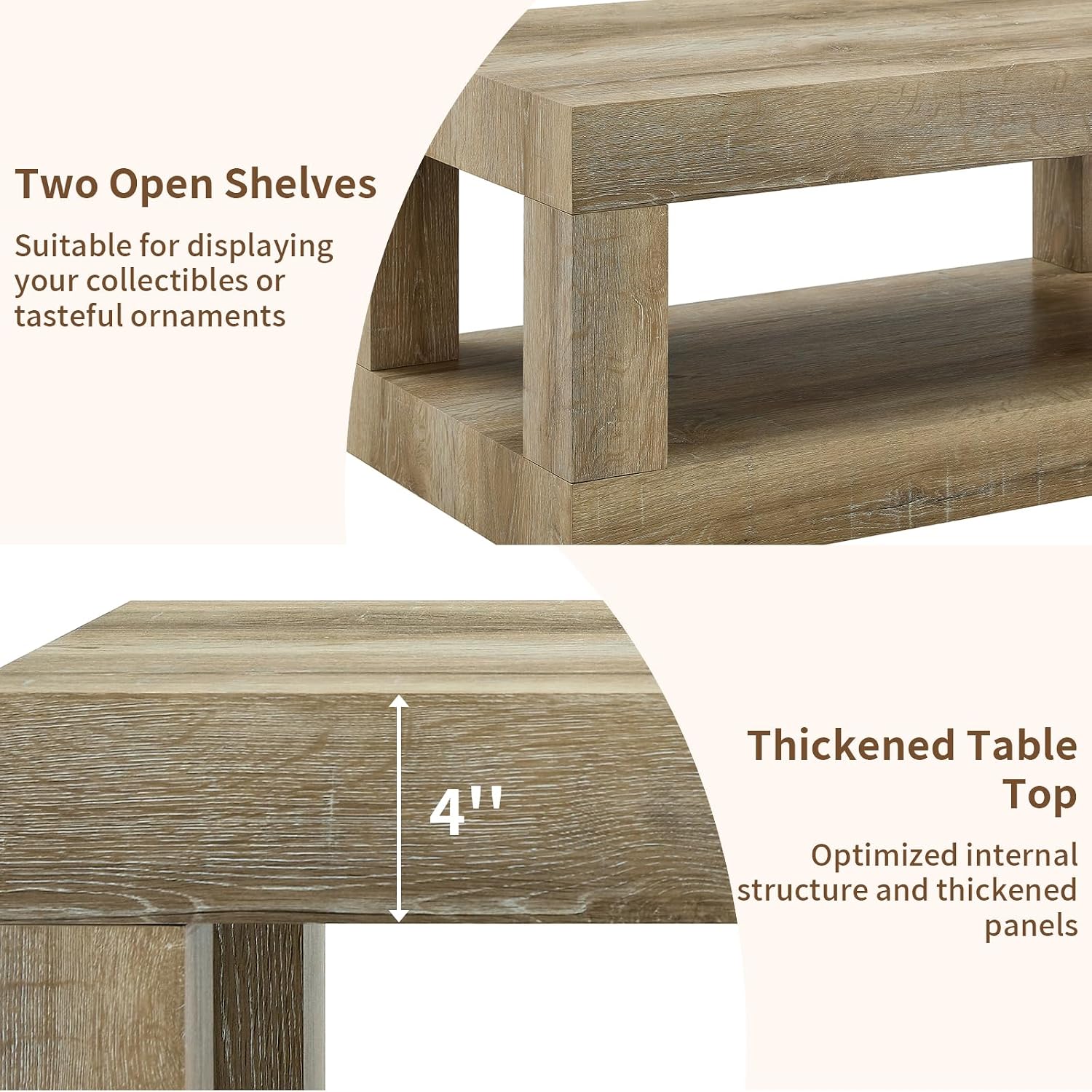 LKTART 39.37' Coffee Table with Storage, 2-Tier Mid Century Rectangular Accent Table with Thick Tabletop, Rustic Style Cocktail, Center Table for Living Room, Office, Apartment (Antique Natural)