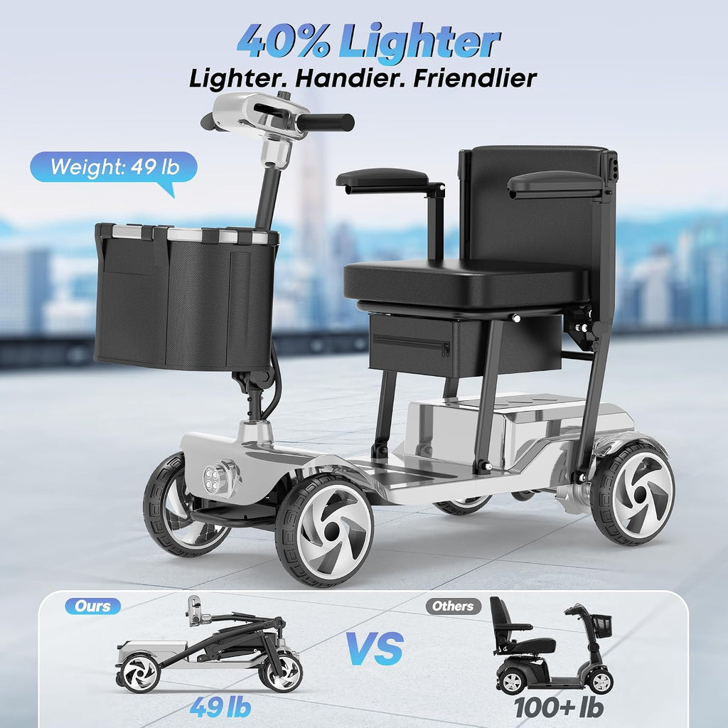 Mobility Scooters, Lightweight Electric Scooters for Seniors&Adults | 49lb Aluminum Frame with Removable Battery, Foldable Motorized Scooters for Trips, Shopping, Daily Use, Bright Silver, 10 Ah