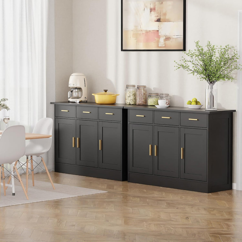 Buffet Cabinet with Storage - Buffets & Sideboards Kitchen Storage Cabinet, Wood Console Table Coffee Bar Accent Cabinets for Living Room Dining Room Entryway Large 3 Doors & Drawers, Black 47.2'W