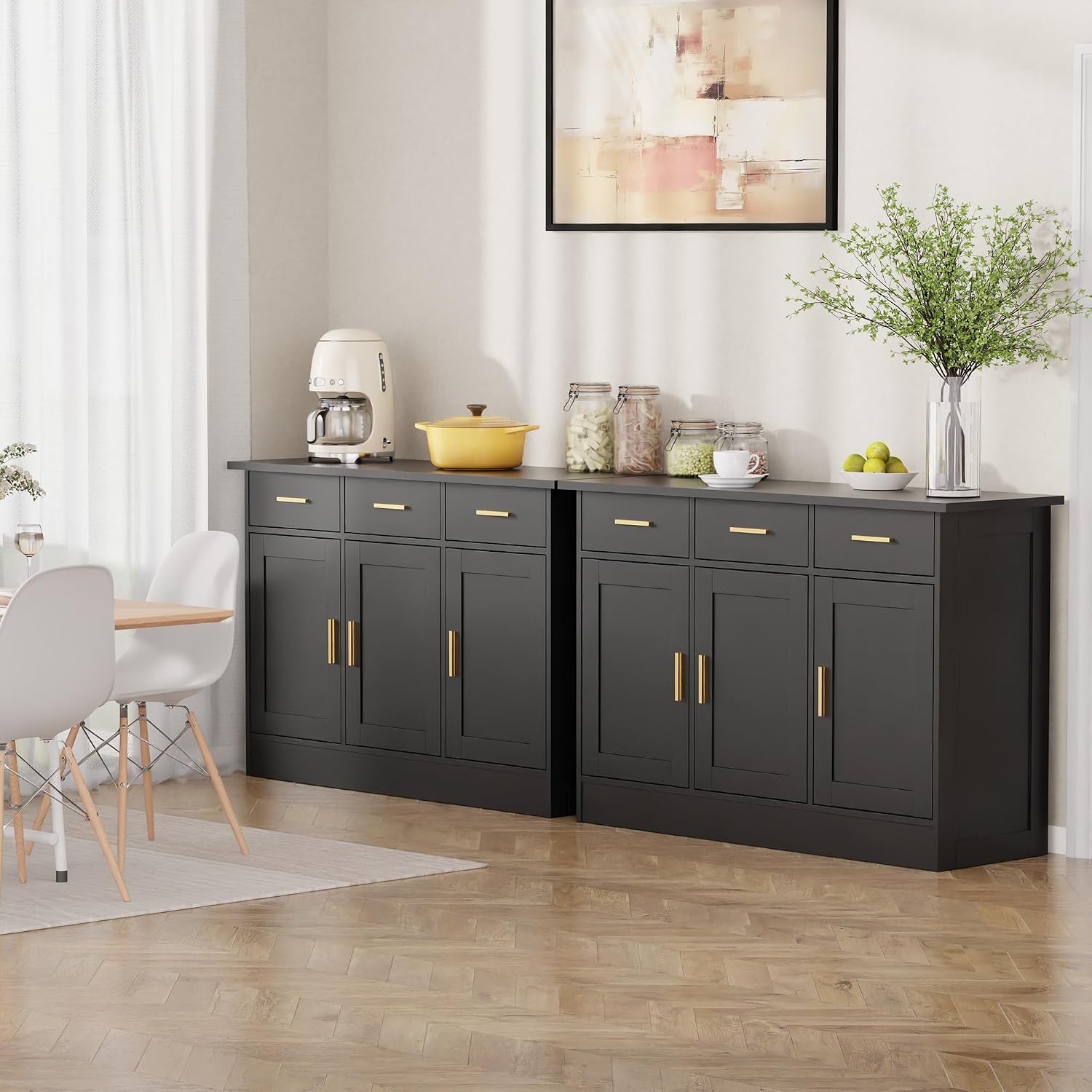Buffet Cabinet with Storage - Buffets & Sideboards Kitchen Storage Cabinet, Wood Console Table Coffee Bar Accent Cabinets for Living Room Dining Room Entryway Large 3 Doors & Drawers, Black 47.2'W