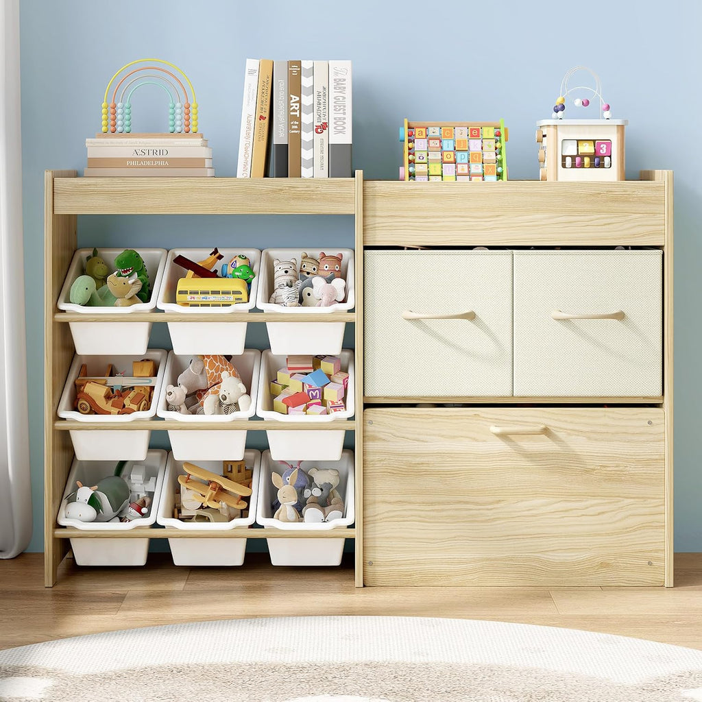 EXPERLAM Toy Storage Organizer for Kids, 9-Bin Toy Organizer with 2-Drawers, Movable Toy Chest and Top Rack, Multifunctional Kids Bookshelf and Toy Storage for Playroom, Bedroom, Nursery, White