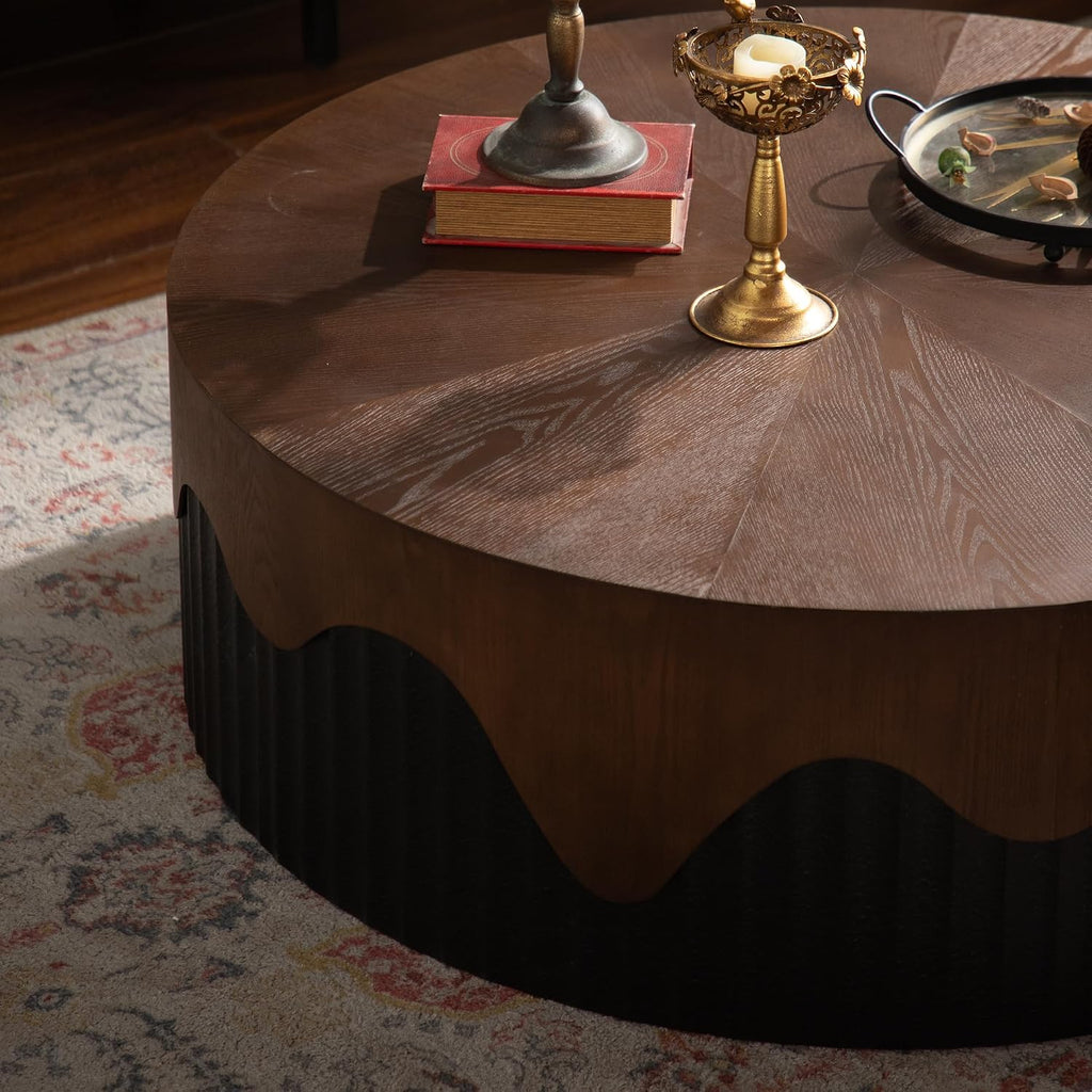 GDFStudio 39' Round Coffee Table with Walnut Table Tops, Bark Texture Veneer Circle Coffee Tables with Handcrafted Relief Base, Modern Living Room Side Tea Tables, No Assembly, Black+Walnut