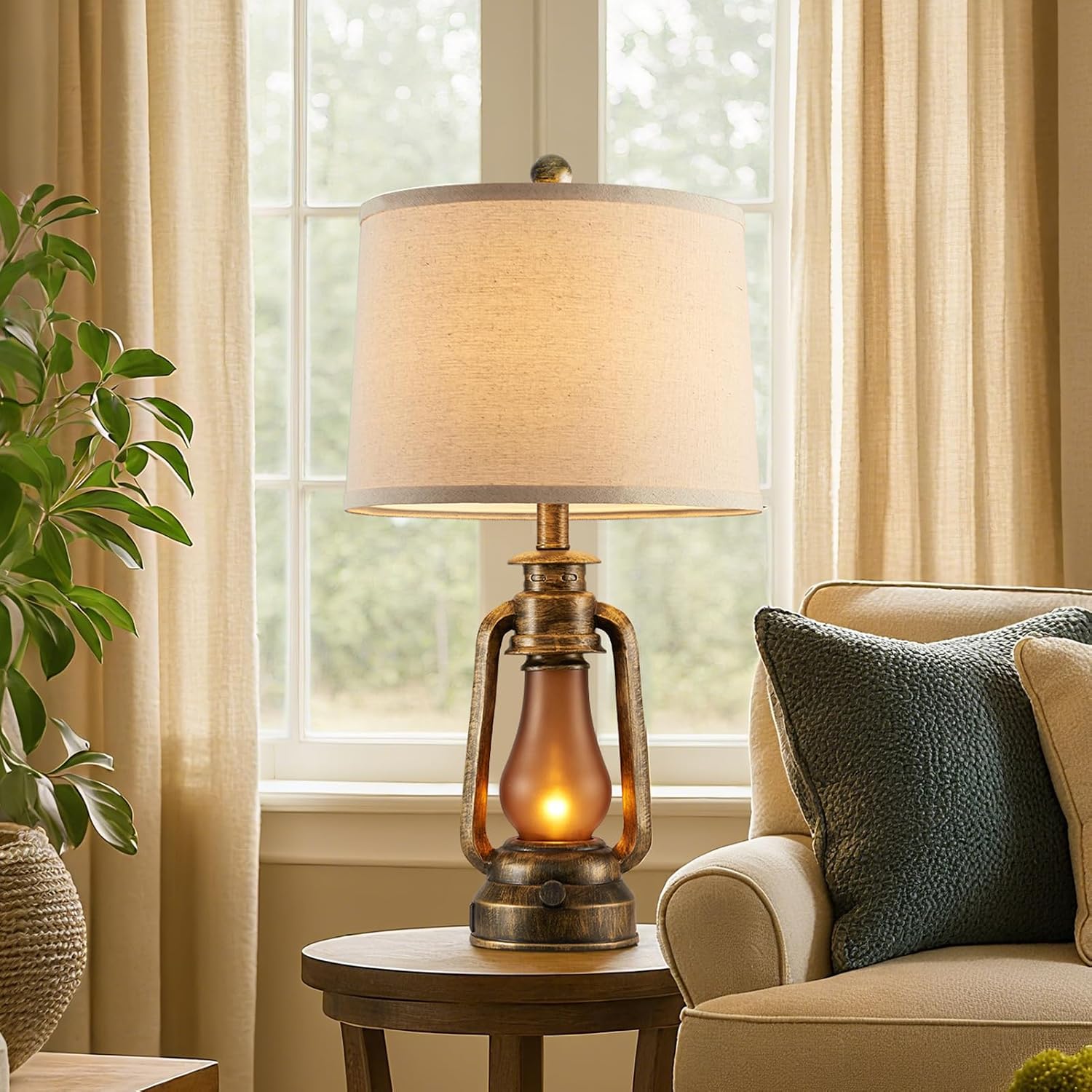 25' Set of 2 Rustic Lantern Table Lamps for Living Room Bedroom, 2 USB Ports Farmhouse Vintage Bedside Desk Lamp Nightlight for Entryway Office End Table, 4 Bulbs Included