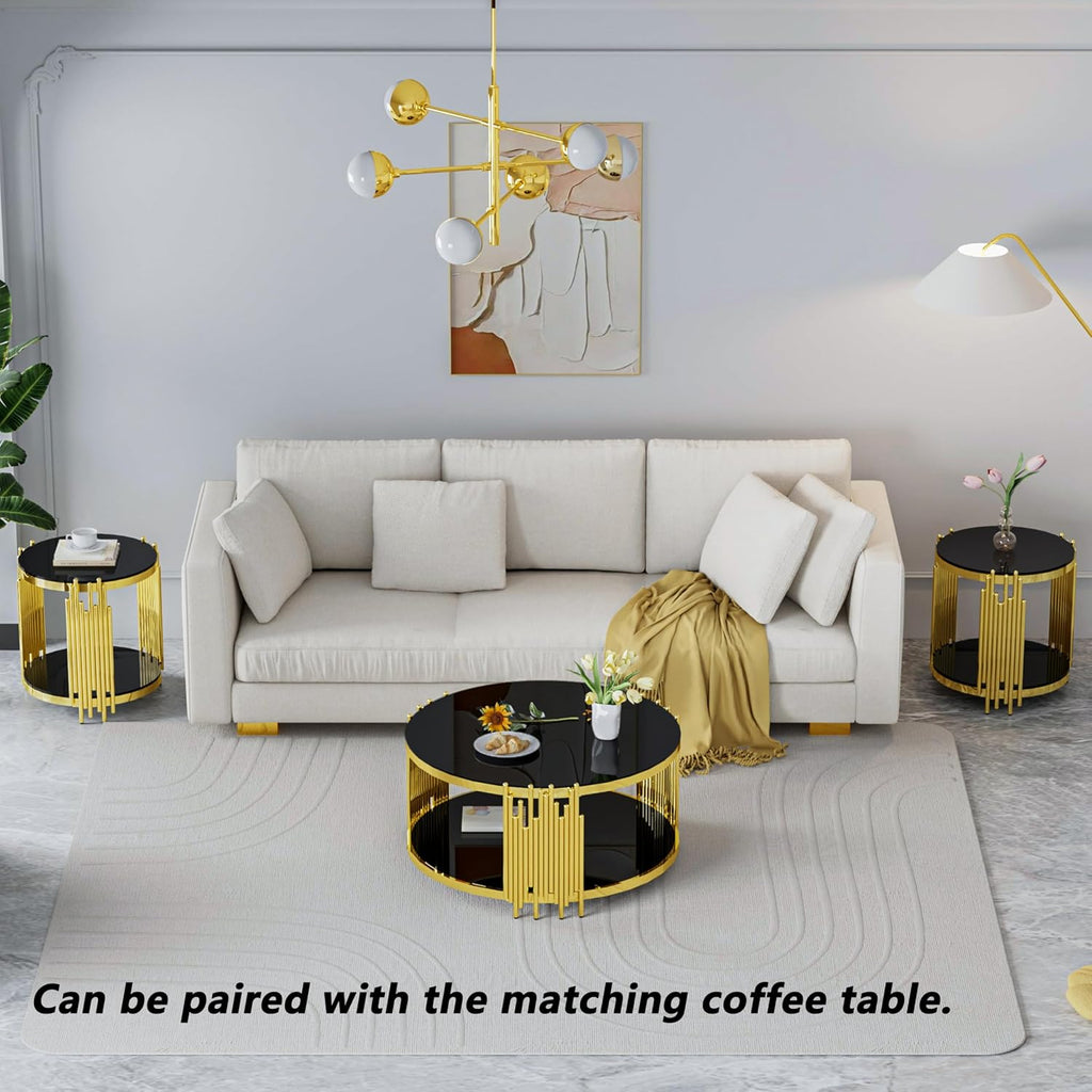 Luxury Gold Round Glass End Table Set of 2, 19.7' Modern Side Table with Stainless Steel Irregular Leg Black Tempered Glass Tabletop, Accent Furniture for Living Room, Black