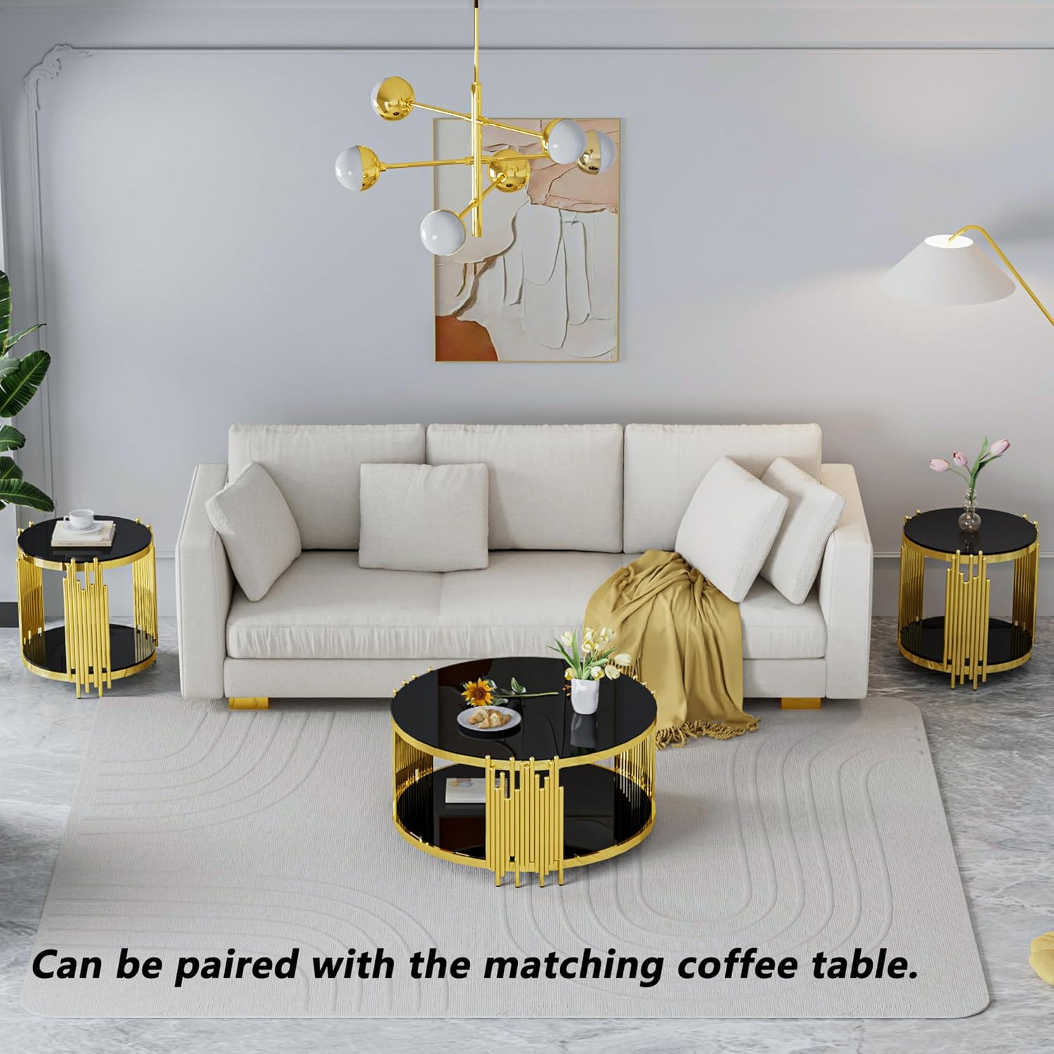 Luxury Gold Round Glass End Table Set of 2, 19.7' Modern Side Table with Stainless Steel Irregular Leg Black Tempered Glass Tabletop, Accent Furniture for Living Room, Black