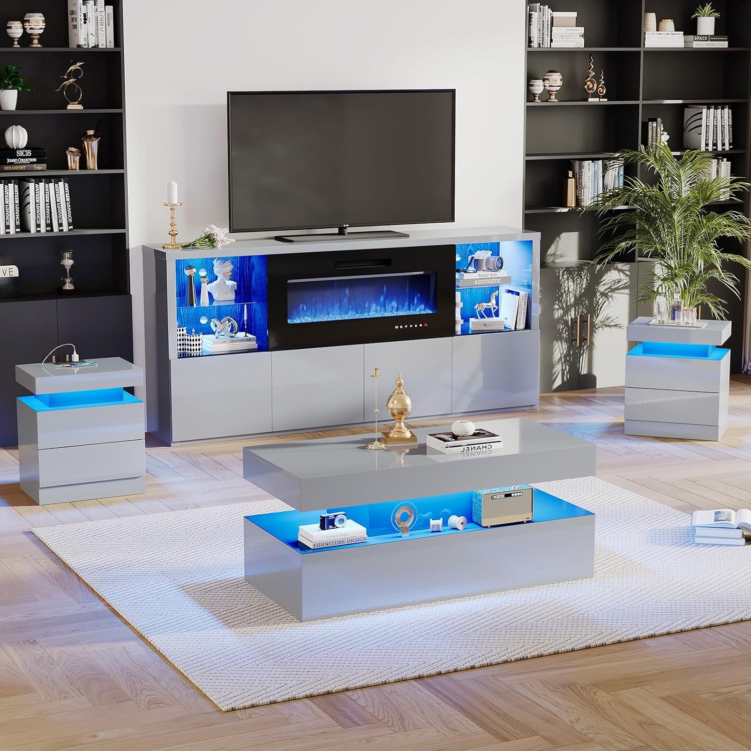 AMERLIFE 5-Piece Modern High Gloss Living Room Table Set, 68' TV Stand, 40' Fireplace, 2-Tier LED Light Coffee Table & 2 End Tables with Large Drawer/Charging Station, Entertainment Center Sets, Grey
